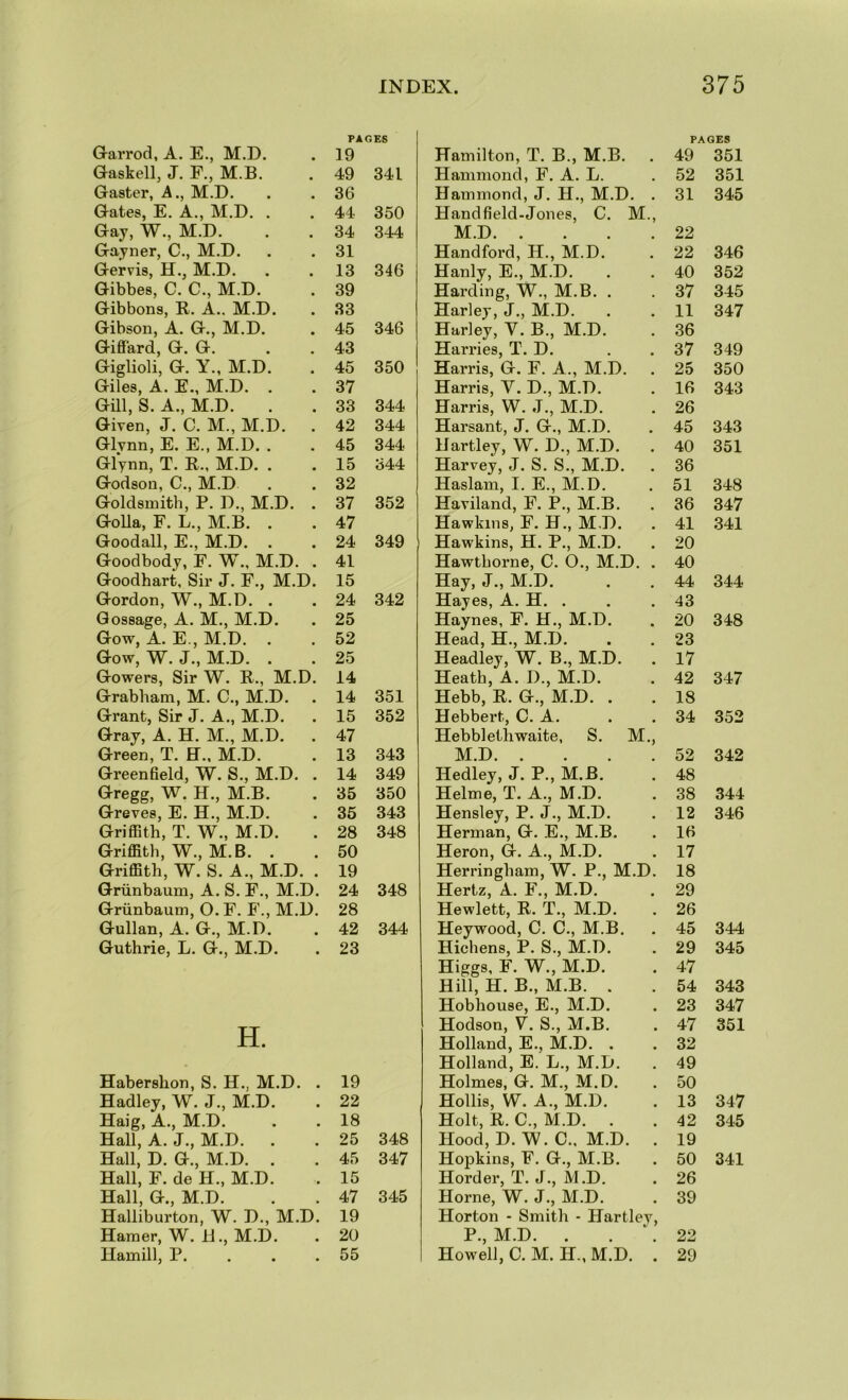 PAGES Grarrod, A. E., M.D. 19 Gaskell, J. F., M.B. 49 341 Gaster, A., M.D. 36 Gates, E. A., M.D. . 44 350 Gay, W., M.D. 34 344 Gayner, C., M.D. 31 Gervis, H., M.D. 13 346 Gibbes, C. C., M.D. 39 Gibbons, R. A.. M.D. 33 Gibson, A. G., M.D. 45 346 Giffard, G. G. 43 Giglioli, G. Y., M.D. 45 350 Giles, A. E., M.D. . 37 Gill, S. A., M.D. 33 344 Given, J. C. M., M.D. 42 344 Glynn, E. E., M.D. . 45 344 Glynn, T. R., M.D. . 15 344 Godson, C., M.D 32 Goldsmith, P. D., M.D. . 37 352 Golla, F. L., M.B. 47 Goodall, E., M.D. . 24 349 Goodbody, F. W., M.D. . 41 Goodhart, Sir J. F., M.D. 15 Gordon, W., M.D. . 24 342 Gossage, A. M., M.D. 25 Gow, A. E., M.D. . 52 Gow, W. J., M.D. . 25 Gowers, Sir W. R., M.D. 14 Grabham, M. C., M.D. 14 351 Grant, Sir J. A., M.D. 15 352 Gray, A. H. M., M.D. . 47 Green, T. ET., M.D. 13 343 Greenfield, W. S., M.D. . 14 349 Gregg, W. H., M.B. 35 350 Greves, E. H., M.D. 35 343 Griffith, T. W., M.D. 28 348 Griffith, W., M.B. . 50 Griffith, W. S. A., M.D. . 19 Griinbaum, A. S. F., M.D. 24 348 Griinbaum, 0. F. F., M.D. 28 Gullan, A. G., M.D. 42 344 Guthrie, L. G., M.D. 23 H. Habershon, S. H., M.D. . 19 Hadley, W. J., M.D. 22 Haig, A., M.D. 18 Hall, A. J., M.D. . 25 348 Hall, D. G., M.D. . 45 347 Hall, F. de H., M.D. 15 Hall, G., M.D. 47 345 Halliburton, W. D., M.D. 19 Hamer, W. 11., M.D. 20 Hamill, P. . . . 55 PAGES Hamilton, T. B., M.B. 49 351 Hammond, F. A. L. 52 351 Hammond, J. H., M.D. . 31 345 Handfield-Jones, C. M., M.D 22 Handford, H., M.D. 22 346 Hanly, E., M.D. 40 352 Harding, W., M.B. . 37 345 Harley, J., M.D. 11 347 Harley, V. B., M.D. 36 Harries, T. D. 37 349 Harris, G. F. A., M.D. 25 350 Harris, Y. D., M.D. 16 343 Harris, W. J., M.D. 26 Harsant, J. G., M.D. 45 343 Hartley, W. D., M.D. 40 351 Harvey, J. S. S., M.D. 36 Haslam, I. E., M.D. 51 348 Haviland, F. P., M.B. 36 347 Hawkins, F. H., M,D. 41 341 Hawkins, H. P., M.D. 20 Hawthorne, C. 0., M.D. . 40 Hay, J., M.D. 44 344 Hayes, A. H. . 43 Haynes, F. H., M.D. 20 348 Head, H., M.D. 23 Headley, W. B., M.D. 17 Heath, A. D., M.D. 42 347 Hebb, R. G., M.D. . 18 Hebbert, C. A. 34 352 Hebblethwaite, S. M., M.D 52 342 Hedley, J. P., M.B. 48 Helme, T. A., M.D. 38 344 Hensley, P. J., M.D. 12 346 Herman, G. E., M.B. 16 Heron, G. A., M.D. 17 Herringham, W. P., M.D. 18 Hertz, A. F., M.D. 29 Hewlett, R. T., M.D. 26 Heywood, C. C., M.B. 45 344 Hichens, P. S., M.D. 29 345 Higgs, F. W., M.D. 47 Hill, H. B., M.B. . 54 343 Hobhouse, E., M.D. 23 347 Hodson, Y. S., M.B. 47 351 Holland, E., M.D. . 32 Holland, E, L., M.D. 49 Holmes, G. M., M.D. 50 Hollis, W. A., M.D. 13 347 Holt, R. C., M.D. . 42 345 Hood, D. W. C.. M.D. . 19 Hopkins, F. G., M.B. 50 341 Horder, T. J., M.D. 26 Horne, W. J., M.D. 39 Horton - Smith - Hartley, P., M.D. 22 Howell, C. M. H., M.D. . 29