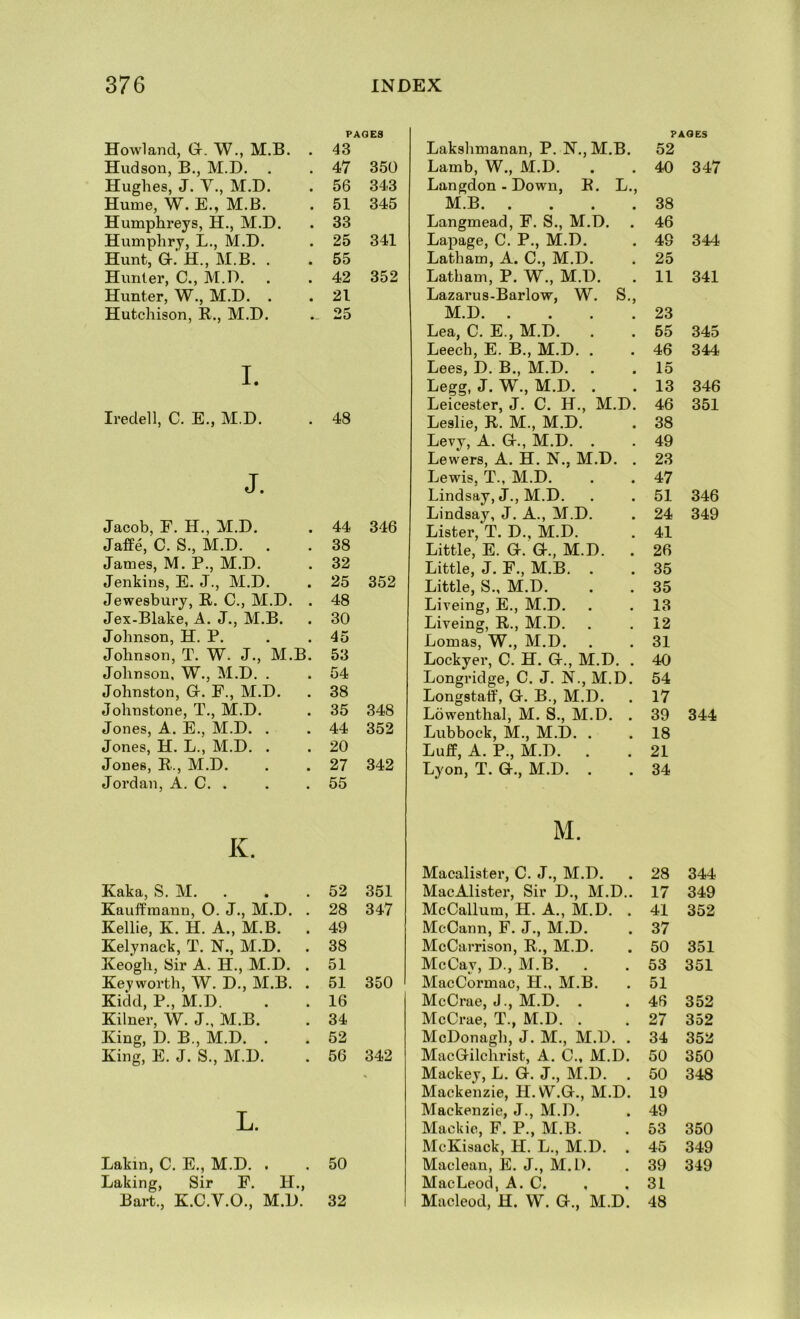 PAGES Howland, a. W., M.B. . 43 Hvidson, B., M.D. . 47 350 Hughes, J. V., M.D. . 56 343 Hume, W. E., M.B. . 51 345 Humphreys, H., M.D. . 33 Humphry, L., M.D. . 25 341 Hunt, Gr. H., M.B. . . 55 Hunter, C., M.D. . 42 352 Hunter, W., M.D. . . 21 Hutchison, R., M.D. . 25 I. Iredell, C. E., M.D. . 48 J. Jacob, F. H., M.D. 44 346 Jaffe, C. S., M.D. . 38 James, M. P., M.D. Jenkins, E. J., M.D. 32 25 352 Jewesbury, R. C., M.D. . 48 Jex-Blake, A. J., M.B. 30 Johnson, H. P. 45 Johnson, T. W. J., M.B. 53 Johnson, W., M.D. . 54 Johnston, Gr. F., M.D. 38 Johnstone, T., M.D. 35 348 Jones, A. E., M.D. . 44 352 Jones, H. L., M.D. . 20 Jones, R., M.D. 27 342 Jordan, A. C. . 55 K. Kaka, S. M. 52 351 Kauffmann, 0. J., M.D. . 28 347 Kellie, K. H. A., M.B. . 49 Kelynack, T. N., M.D. . 38 Keogh, Sir A. H., M.D. . 51 Keyworth, W. D., M.B. . 51 350 Kidd, P., M.D. 16 Kilner, W. J., M.B. 34 King, D. B., M.D. . 52 King, E. J. S., M.D. 56 342 L. Lakin, C. E., M.D. . . 50 Laking, Sir F. U., Bart., K.C.V.O., M.D. 32 PAGES Lakshmanan, P. N., M.B. 52 Lamb, W., M.D. 40 347 Langdon - Down, R. L., M.B 38 Langmead, F. S., M.D. 46 Lapage, C. P., M.D. 49 344 Latham, A. C., M.D. 25 Latham, P. W., M.D. 11 341 Lazarus-Barlow, W. S., M.D 23 Lea, C. E., M.D. 55 345 Leech, E. B., M.D. . 46 344 Lees, D. B., M.D. 15 Legg, J. W., M.D. . 13 346 Leicester, J. C. H., M.D. 46 351 Leslie, R. M., M.D. 38 Levy, A. Gr., M.D. . 49 Lewers, A. H. N., M.D. . 23 Lewis, T., M.D. 47 Lindsay, J., M.D. 51 346 Lindsay, J. A., M.D. 24 349 Lister, T. D., M.D. 41 Little, E. Gr.a., M.D. . 26 Little, J. F., M.B. . 35 Little, S., M.D. 35 Liveing, E., M.D. 13 Liveing, R., M.D. 12 Lomas, W., M.D. 31 Lockyer, C. H. Gr., M.D. . 40 Longridge, C. J. N., M.D. 54 Longstatf, Gl. B., M.D. 17 Lowenthal, M. S., M.D. . 39 344 Lubbock, M., M.D. . 18 Luff, A. P., M.D. 21 Lyon, T. Gl., M.D. . 34 M. Macalistei’, C. J., M.D. 28 344 MacAlister, Sir D., M.D.. 17 349 McCallum, H. A., M.D. . 41 352 McCann, F. J., M.D. 37 McCarrison, R., M.D. 50 351 McCay, D., M.B. 53 351 MacCormac, H., M.B. 51 McCrae, J., M.D. . 46 352 McCrae, T., M.D. . McDonagh, J. M., M.D. . 27 352 34 352 MacGrilchrist, A. C., M.D. 50 350 Mackey, L. G. J., M.D. 50 348 Mackenzie, H. W.Gl., M.D. 19 Mackenzie, J., M.D. 49 MacUie, F. P., M.B. 53 350 McKisack, H. L., M.D. . 45 349 Maclean, E. J., M.D. 39 349 MacLeod, A. C. 31 Macleod, H. W. G., M.D. 48