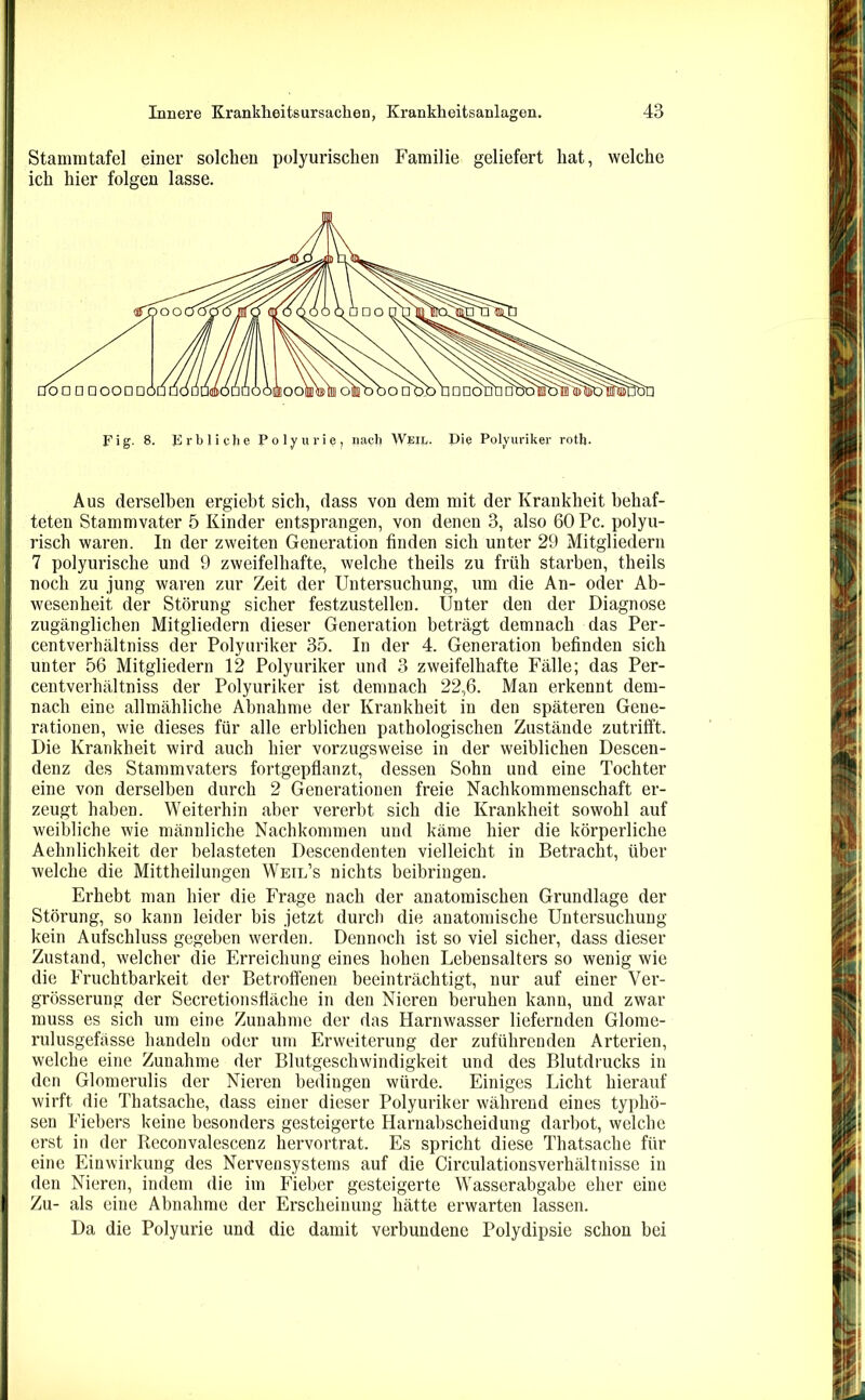 Stammtafel einer solchen polyurisclien Familie geliefert hat, welche ich hier folgen lasse. Aus derselben ergiebt sich, dass von dem mit der Krankheit behaf- teten Stammvater 5 Kinder entsprangen, von denen 3, also 60 Pc. polyu- risch waren. In der zweiten Generation finden sich unter 29 Mitgliedern 7 polyurische und 9 zweifelhafte, welche theils zu früh starben, theils noch zu jung waren zur Zeit der Untersuchung, um die An- oder Ab- wesenheit der Störung sicher festzustellen. Unter den der Diagnose zugänglichen Mitgliedern dieser Generation beträgt demnach das Per- centverhältniss der Polyuriker 35. In der 4. Generation befinden sich unter 56 Mitgliedern 12 Polyuriker und 3 zweifelhafte Fälle; das Per- centverhältniss der Polyuriker ist demnach 22,6. Man erkennt dem- nach eine allmähliche Abnahme der Krankheit in den späteren Gene- rationen, wie dieses für alle erblichen pathologischen Zustände zutrifft. Die Krankheit wird auch hier vorzugsweise in der weiblichen Descen- denz des Stammvaters fortgepflanzt, dessen Sohn und eine Tochter eine von derselben durch 2 Generationen freie Nachkommenschaft er- zeugt haben. Weiterhin aber vererbt sich die Krankheit sowohl auf weibliche wie männliche Nachkommen und käme hier die körperliche Aehnlichkeit der belasteten Descendenten vielleicht in Betracht, über welche die Mittheilungen Weil’s nichts beibringen. Erhebt man hier die Frage nach der anatomischen Grundlage der Störung, so kann leider bis jetzt durch die anatomische Untersuchung kein Aufschluss gegeben werden. Dennoch ist so viel sicher, dass dieser Zustand, welcher die Erreichung eines hohen Lebensalters so wenig wie die Fruchtbarkeit der Betroffenen beeinträchtigt, nur auf einer Ver- grösserung der Secretionsfläche in den Nieren beruhen kann, und zwar muss es sich um eine Zunahme der das Harnwasser liefernden Glome- rulusgefässe handeln oder um Erweiterung der zuführenden Arterien, welche eine Zunahme der Blutgeschwindigkeit und des Blutdrucks in den Glomerulis der Nieren bedingen würde. Einiges Licht hierauf wirft die Thatsache, dass einer dieser Polyuriker während eines typhö- sen Fiebers keine besonders gesteigerte Harnabscheidung darbot, welche erst in der Reconvalescenz hervortrat. Es spricht diese Thatsache für eine Einwirkung des Nervensystems auf die Circulationsverhältnisse in den Nieren, indem die im Fieber gesteigerte Wasserabgabe eher eine Zu- als eine Abnahme der Erscheinung hätte erwarten lassen. Da die Polyurie und die damit verbundene Polydipsie schon bei Fig- 8. Jirbliche Polyurie, nach Weil. Die Polyuriker roth.