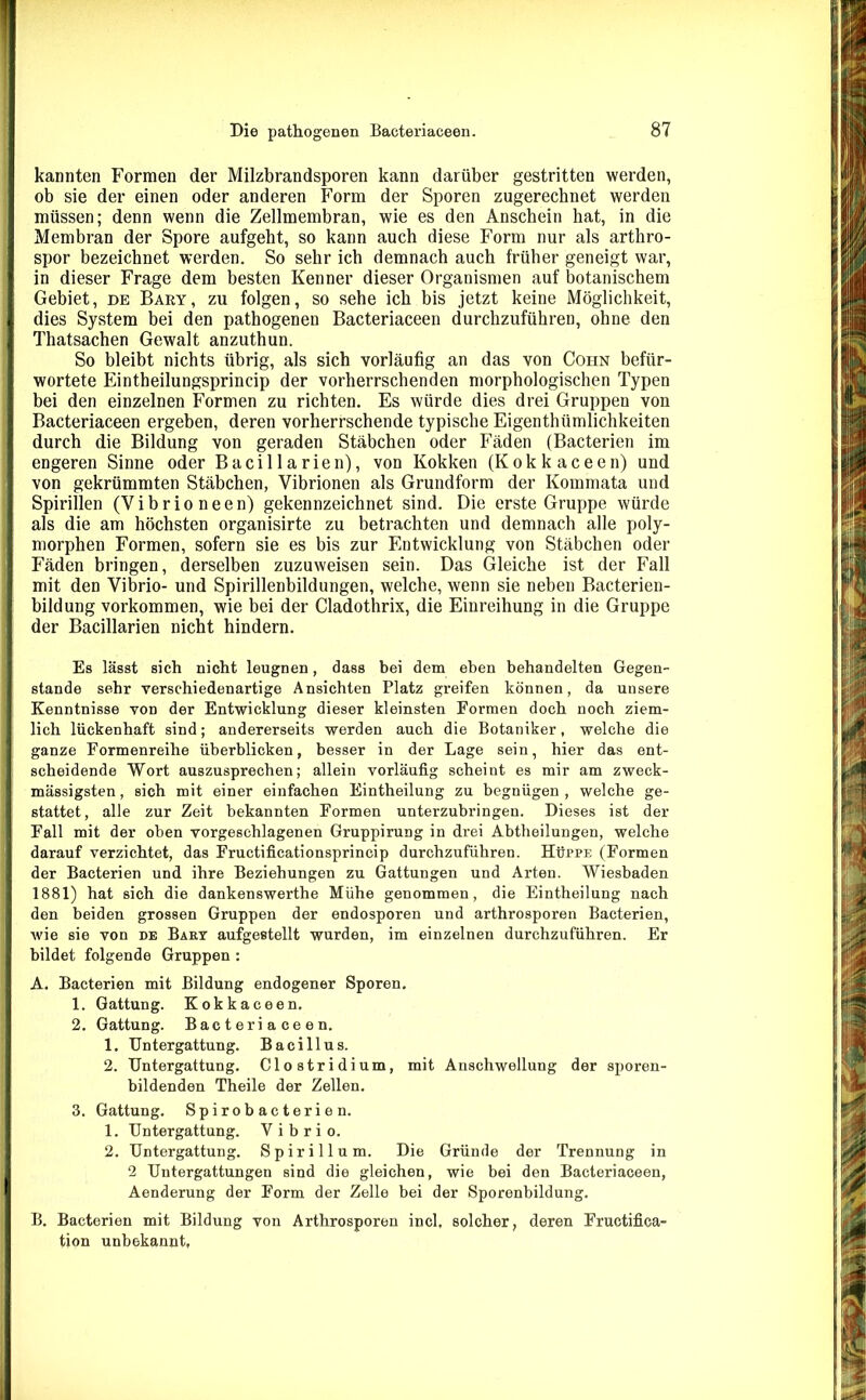 kannten Formen der Milzbrandsporen kann darüber gestritten werden, ob sie der einen oder anderen Form der Sporen zugerechnet werden müssen; denn wenn die Zellmembran, wie es den Anschein hat, in die Membran der Spore aufgeht, so kann auch diese Form nur als arthro- spor bezeichnet werden. So sehr ich demnach auch früher geneigt war, in dieser Frage dem besten Kenner dieser Organismen auf botanischem Gebiet, de Bary, zu folgen, so sehe ich bis jetzt keine Möglichkeit, dies System bei den pathogenen Bacteriaceen durchzuführen, ohne den Thatsachen Gewalt anzuthun. So bleibt nichts übrig, als sich vorläufig an das von Cohn befür- wortete Eintheilungsprincip der vorherrschenden morphologischen Typen bei den einzelnen Formen zu richten. Es würde dies drei Gruppen von Bacteriaceen ergeben, deren vorherrschende typische Eigenthümlichkeiten durch die Bildung von geraden Stäbchen oder Fäden (Bacterien im engeren Sinne oder Bacillarien), von Kokken (Kokkaceen) und von gekrümmten Stäbchen, Vibrionen als Grundform der Kommata und Spirillen (Vibrio neen) gekennzeichnet sind. Die erste Gruppe würde als die am höchsten organisirte zu betrachten und demnach alle poly- morphen Formen, sofern sie es bis zur Entwicklung von Stäbchen oder Fäden bringen, derselben zuzuweisen sein. Das Gleiche ist der Fall mit den Vibrio- und Spirillenbildungen, welche, wenn sie neben Bacterien- bildung Vorkommen, wie bei der Cladothrix, die Einreihung in die Gruppe der Bacillarien nicht hindern. Es lässt sich nicht leugnen, dass bei dem eben behandelten Gegen- stände sehr verschiedenartige Ansichten Platz greifen können, da unsere Kenntnisse von der Entwicklung dieser kleinsten Formen doch noch ziem- lich lückenhaft sind; andererseits werden auch die Botaniker, welche die ganze Formenreihe überblicken, besser in der Lage sein, hier das ent- scheidende Wort auszusprechen; allein vorläufig scheint es mir am zweck- mässigsten, sich mit einer einfachen Eintheilung zu begnügen, welche ge- stattet, alle zur Zeit bekannten Formen unterzubringen. Dieses ist der Fall mit der oben vorgeschlagenen Gruppirung in drei Abtheilungen, welche darauf verzichtet, das Fructificationsprincip durchzuführen. Hüppe (Formen der Bacterien und ihre Beziehungen zu Gattungen und Arten. Wiesbaden 1881) hat sich die dankenswerthe Mühe genommen, die Eintheilung nach den beiden grossen Gruppen der endosporen und arthrosporen Bacterien, wie sie von de Bast aufgestellt wurden, im einzelnen durchzuführen. Er bildet folgende Gruppen : A. Bacterien mit Bildung endogener Sporen. 1. Gattung. Kokkaceen. 2. Gattung. Bacteriaceen. 1. Untergattung. Bacillus. 2. Untergattung. Clostridium, mit Anschwellung der sporen- bildenden Theile der Zellen. 3. Gattung. Spirobacterien. 1. Untergattung. Vibrio. 2. Untergattung. Spirillum. Die Gründe der Trennung in 2 Untergattungen sind die gleichen, wie bei den Bacteriaceen, Aenderung der Form der Zelle bei der Sporenbildung. B. Bacterien mit Bildung von Arthrosporen incl, solcher, deren Fructifica- tion unbekannt,