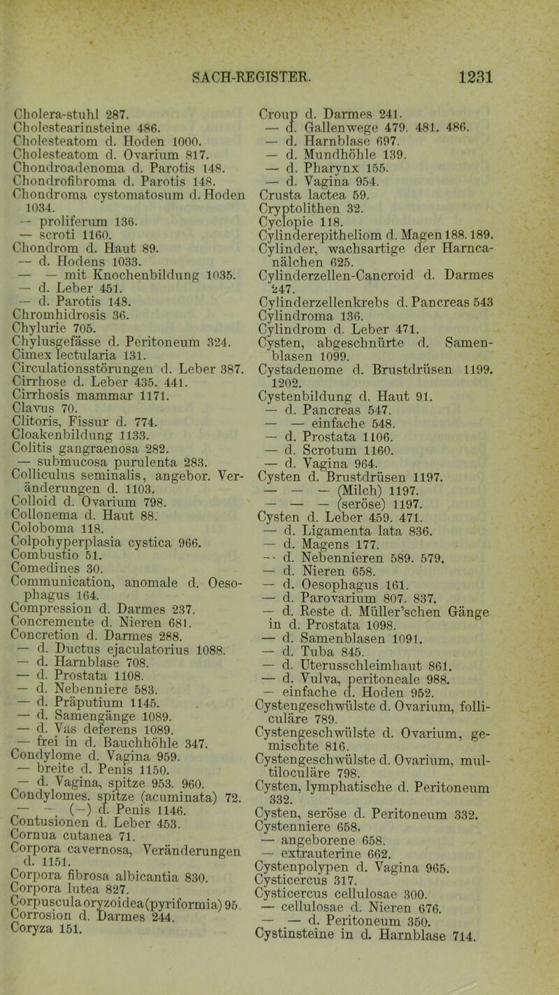 Cholera-stuhl 287. Cholestearinsteine 486. Cholesteatom d. Hoden 1000. Cholesteatom d. Ovarium 817. Chondroadenoma d. Parotis 148. Chondrofibroma d. Parotis 148. Chondroma cystomatosum d. Hoden 1034. — proliferum 136. — scroti 1160. Chondrom d. Haut 89. — d. Hodens 1033. — — mit Knochenbildung 1035. — d. Leber 451. — d. Parotis 148. Chromhidrosis 36. Chylurie 705. Chylusgefässe d. Peritoneum 324. Cimex lectularia 131. Circulationsstörungen d. Leber 387. Cirrhose d. Leber 435. 441. Cirrhosis mammar 1171. Clavus 70. Clitoris, Fissur d. 774. Cloakenbildung 1133. Colitis gangraenosa 282. — submucosa purulenta 283. Colliculus seminalis, angebor. Ver- änderungen d. 1103. Colloid d. Ovarium 798. Collonema d. Haut 88. Coloboma 118. Colpohyperplasia cystica 966. Combustio 51. Comedines 30. Communication, anomale d. Oeso- ^ phagus 164. Compression d. Darmes 237. Concremente d. Nieren 681. Concretion d. Darmes 288. — d. Ductus ejaculatorius 1088. — d. Harnblase 708. — d. Prostata 1108. — d. Nebenniere 583. — d. Präputium 1145. — d. Samengänge 1089. — d. Vas deferens 1089. — frei in d. Bauchhöhle 347. Condylome d. Vagina 959. — breite d. Penis 1150. — d. Vagina, spitze 953. 960. Condylomes. spitze (acuminata) 72. — — (—) cf. Penis 1146. Contusionen d. Leber 453. Cornua cutanea 71. Corpora cavernosa, Veränderungen d. 1151. Corpora fibrosa albicantia 830. Corpora lutea 827. Corpusculaoryzoidea(pyriformia)95 Corrosion d. Darmes 244. Coryza 151. Croup d. Darmes 241. — d. Gallenwege 479. 481. 486. — d. Harnblase 697. — d. Mundhöhle 139. — d. Pharynx 155. — d. Vagina 954. Crusta lactea 59. Cryptolithen 32. Cyclopie 118. Cylinderepitheliom d. Magen 188.189. Cylinder, wachsartige der Harnca- nälchen 625. Cylinderzellen-Cancroid d. Darmes 247. Cylinderzellenkrebs d. Pancreas 543 Cylindroma 136. Cylindrom d. Leber 471. Cysten, abgeschnürte d. Samen- blasen 1099. Cystadenome d. Brustdrüsen 1199. 1202. Cystenbildung d. Haut 91. — d. Pancreas 547. — — einfache 548. — d. Prostata 1106. — d. Scrotum 1160. — d. Vagina 964. Cysten d. Brustdrüsen 1197. — — — (Milch) 1197. — — — (seröse) 1197. Cysten d. Leber 459. 471. — d. Ligamenta lata 836. — d. Magens 177. -- d. Nebennieren 589. 579. — d. Nieren 658. — d. Oesophagus 161. — d. Parovarium 807. 837. — d. Reste d. Müller’schen Gänge in d. Prostata 1098. — d. Samenblasen 1091. — d. Tuba 845. — d. Uterusschleimhaut 861. — d. Vulva, peritoneale 988. — einfache d. Hoden 952. Cystengeschwülste d. Ovarium, folli- culäre 789. Cystengeschwülste d. Ovarium, ge- mischte 816. Cystengeschwülste d. Ovarium, mul- tiloculäre 798. Cysten, lymphatische d. Peritoneum 332. Cysten, seröse d. Peritoneum 332. Cystenniere 658. — angeborene 658. — extrauterine 662. Cystenpolypen d. Vagina 965. Cysticercus 317. Cysticercus cellulosae 300. — cellulosae d. Nieren 676. — _— d. Peritoneum 350. Cystinsteine in d. Harnblase 714.