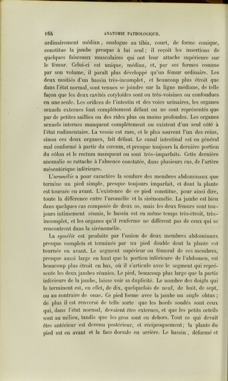 ordinairement médian, analogue au tibia, court, de forme conique, constitue la jambe presque à lui seul ; il reçoit les insertions de quelques faisceaux musculaires qui ont leur attache supérieure sur le fémur. Celui-ci est unique, médian, et, par ses formes comme par son volume, il paraît plus développé qu’un fémur ordinaire. Les deux moitiés d’un bassin très-incomplet, et beaueoup plus étroit que dans l’état normal, sont venues se joindre sur la ligne médiane, de telle façon que les deux cavités cotyloïdes sont ou très-voisines ou confondues en une seule. Les orifices de l’intestin et des voies urinaires, les organes sexuels externes font complètement défaut ou ne sont représentés que par de petites saillies ou des rides plus ou moins profondes. Les organes sexuels internes manquent complètement ou existent d’un seul côté à l’état rudimentaire. La vessie est rare, et le plus souvent l’un des reins, sinon ces deux organes, fait défaut. Le canal intestinal est en général mal conformé à partir du cæcum, et presque toujours la dernière portion du côlon et le rectum manquent ou sont très-imparfaits. Cette dernière anomalie se rattache à l’absence constatée, dans plusieurs cas, de l’artère mésentérique inférieure. \Juromélie a pour caractère la soudure des membres abdominaux que termine un pied simple, presque toujours imparfait, et dont la plante est tournée en avant. L’existence de ce pied constitue, pour ainsi dire, toute la différence entre l’uromélie et la sirénomélie. La jambe est bien dans quelques cas composée de deux os, mais les deux fémurs sont tou- jours intimement réunis, le bassin est en même temps très-étroit, très- incomplet, et les organes qu’il renferme ne diffèrent pas de ceux qui se rencontrent dans la sirénomélie. La symélie est produite par l’union de deux membres abdominaux presque complets et terminés par un pied double dont la plante est tournée en avant. Le segment supérieur ou fémoral de ces membres, presque aussi large en haut que la portion inférieure de l’abdomen, est beaucoup plus étroit en bas, où il s’articule avec le segment qui repré- sente les deux jambes réunies. Le pied, beaucoup plus large que la partie inférieure de la jambe, laisse voir sa duplicité. Le nombre des doigts qui le terminent est, en effet, de dix, quelquefois de neuf, de huit, de sept, ou au contraire de onze. Ce pied forme avec la jambe un angle obtus ; de plus il est renversé de telle sorte que les bords soudés sont ceux qui, dans l’état normal, devaient être externes, et que les petits orteils sont au milieu, tandis que les gros sont en dehors. Tout ce qui devait être antérieur est devenu postérieur, et réciproquement; la plante du pied est en avant et la face dorsale en arrière. Le bassin, déformé et