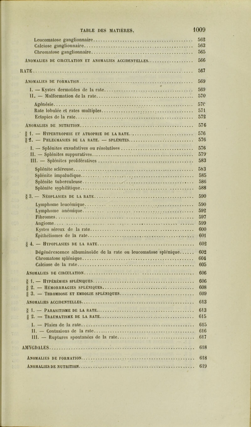 Leucomatose ganglionnaire 562 Calciose ganglionnaire 563 Chroniatose ganglionnaire 565 Anomalies de circulation et anomalies accidentelles 566 RATE 567 Anomalies de formation 569 # I. — Kystes dermoïdes de la rate 569 II. — Malformation de la rate 570 Agénésie 57C Rate lobulée et rates multiples 571 Ectopies de la rate 572 Anomalies de nutrition 576 ■ § 1. — Hypertropuie et atrophie de la rate 576 §2. — PhLEGMASIES de la rate. — SPLÉNITES 576 I. — Splénites exsudatives ou résolutives 576 II. — Splénites suppuratives 579 III. — Splénites prolifératives 583 Splénite scléreuse 583 Splénite impaludique 585 Splénite tuberculeuse 586 Splénite syphilitique 588 g 3. — Néoplasies de la rate 590 Lymphome leucémique 590 Lymphome anémique •••.•, Fibromes 597 Angiome 599 Kystes séreux de la rate 600 Épithéliomes de la rate 601 § 4. — Hypoplasies de la rate 602 Dégénérescence albuminoïde de la rate ou leucomatose splénique 602 Chromatose splénique 604 Calciose de la rate 605 Anomalies de circulation 606 § 1. — Hypérémies spléniques 606 § 2. — Hémorrhagies spléniques 608 § 3. — Thrombose et embolie spléniques 609 Anomalies accidentelles. 613 g 1. — Parasitisme de la rate 613 g 2. — Traumatisme de la rate 615 I. — Plaies de la rate... 615 II. — Contusions de la rate 616 III. — Ruptures spontanées de la rate 617 AMYGDALES '. 618 Anomalies de formation Anomalies DE nutrition., 618 619