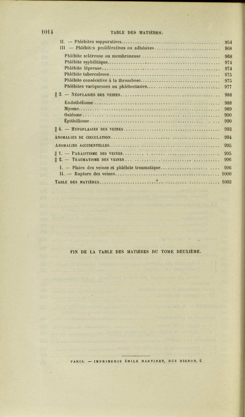 II. — Phlébites suppuratives 954 III — Phlébites prolifératives ou adhésives 968 Phlébite scléreuse ou membraneuse 968 Phlébite syphilitique 974 Phlébite lépreuse 974 Phlébite tuberculeuse 975 Phlébite consécutive à la thrombose 975 Phlébites variqueuses ou phlébectasies 977 § 3. — Néoplasies des veines. . 988 Endothéliome 988 Myome 989 Ostéome .... T 990 Épithéliome 990 § 4. — Hypoplasies des veines 993 Anomalies de circulation 994 Anomalies accidentelles 995 § 1. — Parasitisme des veines 995 § 2. — Traumatisme des veines ... 996 I. — Plaies des veines et phlébite traumatique 996 II. — Rupture des veines 1000 Table des matières t 1003 FIN DE LA TABLE DES MATIÈRES DU TOME DEUXIÈME. PARIS. — IMPRIMERIE ÉMILE MARTINET, RUE MIGNON. ïl