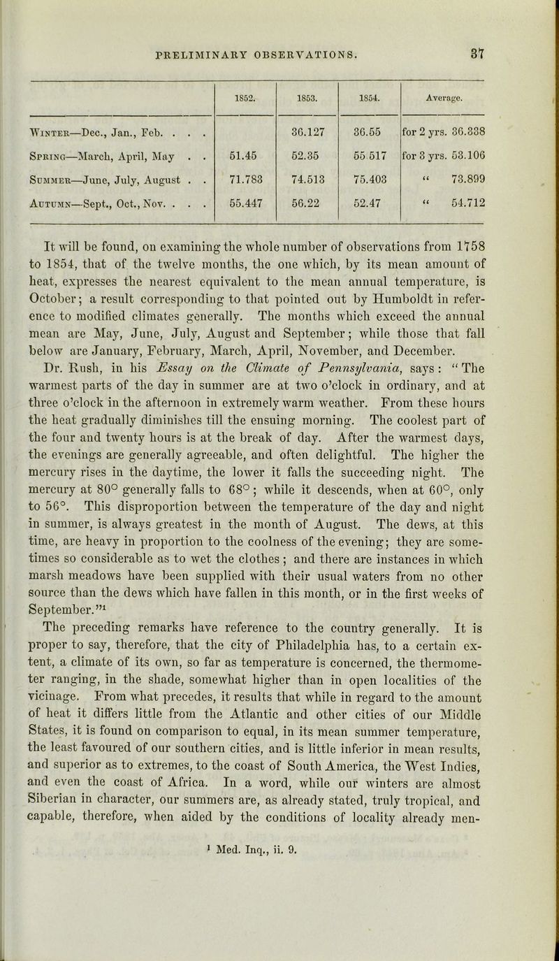 1852. 1853. 1854. Average. Winter—Dec., Jan., Fob. . . . 3G.127 36.55 for2yrs. 36.338 Spring—March, April, May . . 51.45 52.35 55 517 for 3 yrs. 53.106 Summer—June, July, August . 71.783 74.513 75.403 “ 73.899 Autumn—Sept., Oct., Nov. . . . 55.447 56.22 52.47 “ 54.712 It will be found, on examining the whole number of observations from 1158 to 1854, that of the twelve months, the one which, by its mean amount of heat, expresses the nearest equivalent to the mean annual temperature, is October; a result corresponding to that pointed out by Humboldt in refer- ence to modified climates generally. The months which exceed the annual moan are May, June, July, August and September; while those that fall below are January, February, March, April, November, and December. Dr. Rush, in his Essay on the Climate of Peimsylvania, says : “ The warmest parts of the day in summer are at two o’clock in ordinary, and at three o’clock in the afternoon in extremely warm weather. From these hours the heat gradually diminishes till the ensuing morning. The coolest part of the four and twenty hours is at the break of day. After the warmest days, the evenings are generally agreeable, and often delightful. The higher the mercury rises in the daytime, the lower it falls the succeeding night. The mercury at 80° generally falls to 68°; while it descends, when at 60°, only to 56°. This disproportion between the temperature of the day and night in summer, is always greatest in the month of August. The dews, at this time, are heavy in proportion to the coolness of the evening; they are some- times so considerable as to wet the clothes ; and there are instances in which marsh meadows have been supplied with their usual waters from no other source than the dews which have fallen in this month, or in the first weeks of September.”^ The preceding remarks have reference to the country generally. It is proper to say, therefore, that the city of Philadelphia has, to a certain ex- tent, a climate of its own, so far as temperature is concerned, the thermome- ter ranging, in the shade, somewhat higher than in open localities of the vicinage. From what precedes, it results that while in regard to the amount of heat it differs little from the Atlantic and other cities of our Middle States, it is found on comparison to equal, in its mean summer temperature, the least favoured of our southern cities, and is little inferior in mean results, and superior as to extremes, to the coast of South America, the West Indies, and even the coast of Africa. In a word, while our winters are almost Siberian in character, our summers are, as already stated, truly tropical, and capable, therefore, when aided by the conditions of locality already men-