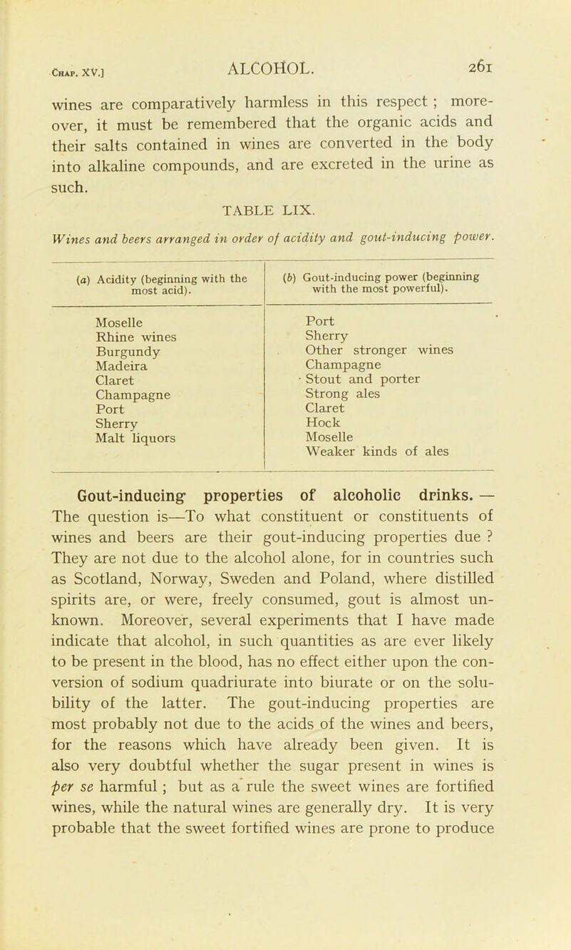 wines are comparatively harmless in this respect ; more- over, it must be remembered that the organic acids and their salts contained in wines are converted in the body into alkaline compounds, and are excreted in the urine as such. TABLE LIX. Wines and beers arranged in order of acidity and gout-inducing power. (a) Acidity (beginning with the most acid). (b) Gout-inducing power (beginning with the most powerful). Moselle Port Rhine wines Sherry Burgundy Other stronger wines Madeira Champagne Claret • Stout and porter Champagne Strong ales Port Claret Sherry Hock Malt liquors Moselle Weaker kinds of ales Gout-inducing1 properties of alcoholic drinks. — The question is—To what constituent or constituents of wines and beers are their gout-inducing properties due ? They are not due to the alcohol alone, for in countries such as Scotland, Norway, Sweden and Poland, where distilled spirits are, or were, freely consumed, gout is almost un- known. Moreover, several experiments that I have made indicate that alcohol, in such quantities as are ever likely to be present in the blood, has no effect either upon the con- version of sodium quadriurate into biurate or on the solu- bility of the latter. The gout-inducing properties are most probably not due to the acids of the wines and beers, for the reasons which have already been given. It is also very doubtful whether the sugar present in wines is per se harmful; but as a rule the sweet wines are fortified wines, while the natural wines are generally dry. It is very probable that the sweet fortified wines are prone to produce
