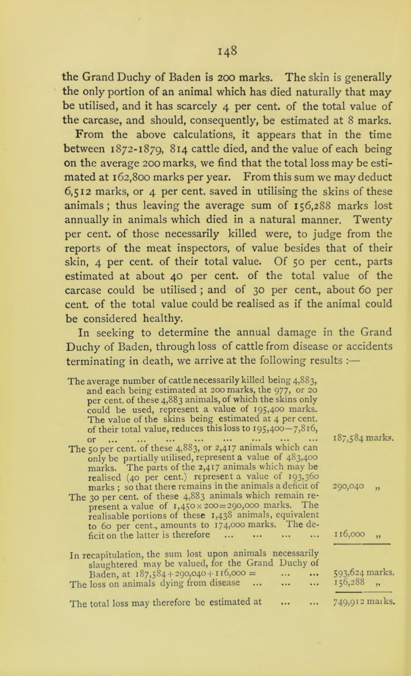 the Grand Duchy of Baden is 200 marks. The skin is generally the only portion of an animal which has died naturally that may be utilised, and it has scarcely 4 per cent, of the total value of the carcase, and should, consequently, be estimated at 8 marks. From the above calculations, it appears that in the time between 1872-1879, 814 cattle died, and the value of each being on the average 200 marks, we find that the total loss may be esti- mated at 162,800 marks per year. From this sum we may deduct 6,512 marks, or 4 per cent, saved in utilising the skins of these animals; thus leaving the average sum of 156,288 marks lost annually in animals which died in a natural manner. Twenty per cent, of those necessarily killed were, to judge from the reports of the meat inspectors, of value besides that of their skin, 4 per cent, of their total value. Of 50 per cent., parts estimated at about 40 per cent, of the total value of the carcase could be utilised ; and of 30 per cent., about 60 per cent, of the total value could be realised as if the animal could be considered healthy. In seeking to determine the annual damage in the Grand Duchy of Baden, through loss of cattle from disease or accidents terminating in death, we arrive at the following results :— The average number of cattle necessarily killed being 4,883, and each being estimated at 200 marks, the 977, or 20 per cent, of these 4,883 animals, of which the skins only could be used, represent a value of 195,400 marks. The value of the skins being estimated at 4 per cent, of their total value, reduces this loss to 195,400—7,816, or The 50 per cent, of these 4,883, or 2,417 animals which can only be partially utilised, represent a value of 483,400 marks. The parts of the 2,417 animals which may be realised (40 per cent.) represent a value of 193,360 marks ; so that there remains in the animals a deficit of The 30 per cent, of these 4,883 animals which remain re- present a value of 1,450x200=290,000 marks. The realisable portions of these 1,438 animals, equivalent to 60 per cent., amounts to 174,000 marks. The de- ficit on the latter is therefore In recapitulation, the sum lost upon animals necessarily slaughtered may be valued, for the Grand Duchy of Baden, at 187,584 + 290,0404116,000= The loss on animals dying from disease The total loss may therefore be estimated at 187.5 84 marks. 290,040 116,000 593,624 marks. 156,288 „ 749,912 maiks.