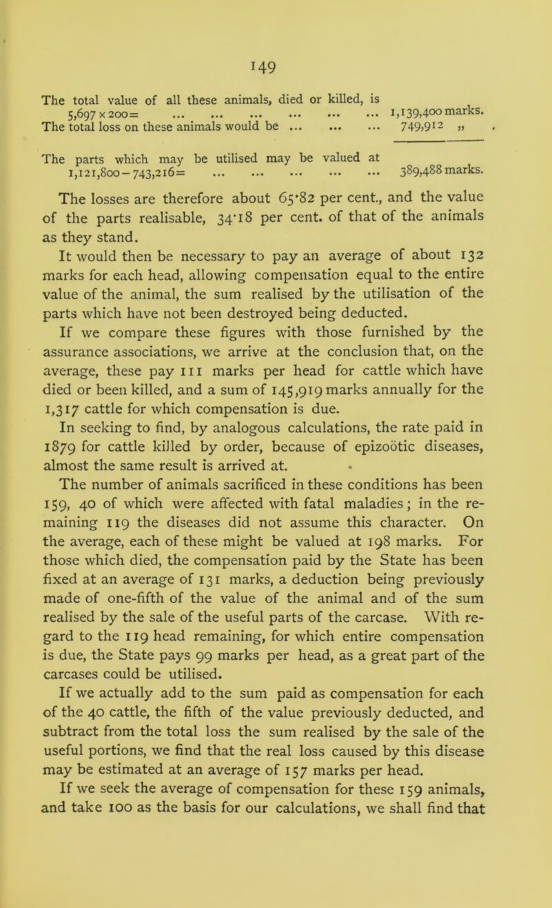 The total value of all these animals, died or killed, is 5,697x200= 1,139,400 marks. The total loss on these animals would be 749)9^2 „ The parts which may be utilised may be valued at 1,121,800-743,216= 389,488 marks. The losses are therefore about 65*82 per cent., and the value of the parts realisable, 34’18 per cent, of that of the animals as they stand. It would then be necessary to pay an average of about 132 marks for each head, allowing compensation equal to the entire value of the animal, the sum realised by the utilisation of the parts which have not been destroyed being deducted. If we compare these figures with those furnished by the assurance associations, we arrive at the conclusion that, on the average, these pay 111 marks per head for cattle which have died or been killed, and a sum of 145,919 marks annually for the 1,317 cattle for which compensation is due. In seeking to find, by analogous calculations, the rate paid in 1879 for cattle killed by order, because of epizootic diseases, almost the same result is arrived at. The number of animals sacrificed in these conditions has been I59» 40 of which were affected with fatal maladies; in the re- maining 119 the diseases did not assume this character. On the average, each of these might be valued at 198 marks. For those which died, the compensation paid by the State has been fixed at an average of 131 marks, a deduction being previously made of one-fifth of the value of the animal and of the sum realised by the sale of the useful parts of the carcase. With re- gard to the 119 head remaining, for which entire compensation is due, the State pays 99 marks per head, as a great part of the carcases could be utilised. If we actually add to the sum paid as compensation for each of the 40 cattle, the fifth of the value previously deducted, and subtract from the total loss the sum realised by the sale of the useful portions, we find that the real loss caused by this disease may be estimated at an average of 157 marks per head. If we seek the average of compensation for these 159 animals, and take 100 as the basis for our calculations, we shall find that