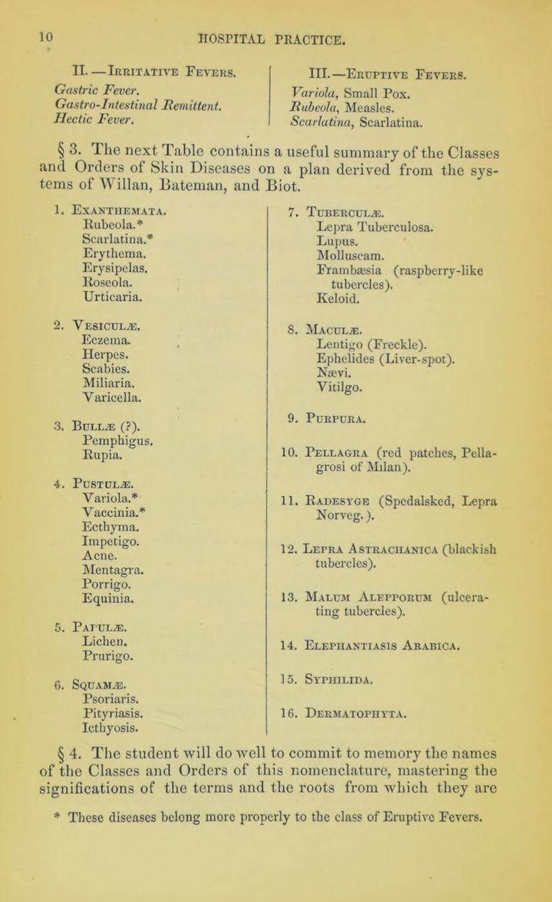 II—Irritative Fevers. Gastric Fever. Gastro-Intestinal Remittent. Hectic Fever. III.—Eruptive Fevers. Variola, Small Pox. Rubeola, Measles. Scarlatina, Scarlatina. § 3. The next Table contains a useful summary of the Classes and Orders of Skin Diseases on a plan derived from the sys- tems of Willan, Bateman, and Biot. 1. Exanthemata. Rubeola.* Scarlatina.* Erythema. Erysipelas. Roseola. Urticaria. 7. Tuberculve. Lepra Tuberculosa. Lupus. Molluscam. Fratnbsesia (raspberry-like tubercles). Keloid. 2. VESICUL2E. Eczema. Herpes. Scabies. Miliaria. Varicella. 8. Maculje. Lentigo (Freckle). Ephelides (Liver-spot). Nmvi. Vitilgo. 3. Bullje (?). Pemphigus. Rupia. 4. Pustule. Variola.* Vaccinia.* Ecthyma. Impetigo. Acne. Mentagra. Porrigo. Equinia. 5. Papulae. Lichen. Prurigo. 9. Purpura. 10. Pellagra (red patches, Pella - grosi of Milan). 11. Radesyge (Spedalsked, Lepra Norveg.). 12. Lepra Astrachanica (blackish tubercles). 13. Malum Alepporum (ulcera- ting tubercles). 14. Elephantiasis Arabica. 6. Squamje. Psoriaris. Pityriasis. Icthyosis. 15. Stpiiilida. 16. Dermatopiiyta. § 4. The student will do well to commit to memory the names of the Classes and Orders of this nomenclature, mastering the significations of the terms and the roots from which they are * These diseases belong more properly to the class of Eruptive Fevers.