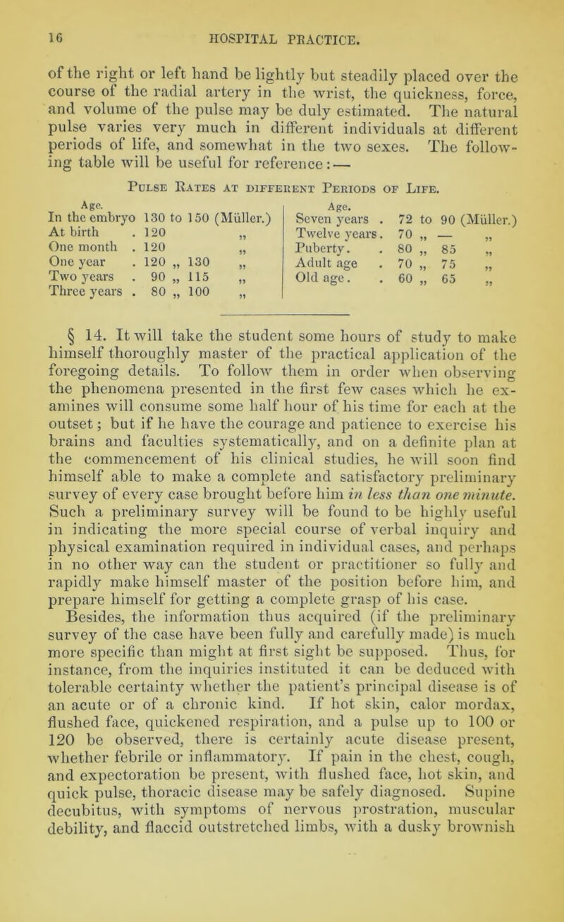 of the right or left hand be lightly but steadily placed over the course ot the radial artery in the wrist, the quickness, force, and volume of the pulse may be duly estimated. The natural pulse varies very much in different individuals at different periods of life, and somewhat in the two sexes. The follow- ing table will be useful for reference: — Pulse Rates at different Periods of Life. Age. In the embryo 130 to 150 (Muller.) At birth .120 „ One month .120 „ One year . 120 „ 130 „ Two years . 90 „ 115 „ Three years . 80 „ 100 „ Age. Seven years . 72 to 90 (Muller.) Twelve years. 70 „ )> Puberty. 80 „ 85 Adult age 70 „ 75 „ Old age. 60 „ 65 § 14. It will take the student some hours of study to make himself thoroughly master of the practical application of the foregoing details. To follow them in order when observing the phenomena presented in the first few cases which he ex- amines will consume some half hour of his time for each at the outset; but if he have the courage and patience to exercise his brains and faculties systematically, and on a definite plan at the commencement of his clinical studies, he will soon find himself able to make a complete and satisfactory preliminary survey of every case brought before him in less than one minute. Such a preliminary survey will be found to be highly useful in indicating the more special course of verbal inquiry and physical examination required in individual cases, and perhaps in no other way can the student or practitioner so fully and rapidly make himself master of the position before him, and prepare himself for getting a complete grasp of his case. Besides, the information thus acquired (if the preliminary survey of the case have been fully and carefully made) is much more specific than might at first sight be supposed. Thus, for instance, from the inquiries instituted it can be deduced with tolerable certainty whether the patient’s principal disease is of an acute or of a chronic kind. If hot skin, calor mordax, flushed face, quickened respiration, and a pulse up to 100 or 120 be observed, there is certainly acute disease present, whether febrile or inflammatory. If pain in the chest, cough, and expectoration be present, with flushed face, hot skin, and quick pulse, thoracic disease may be safely diagnosed. Supine decubitus, with symptoms of nervous prostration, muscular debility, and flaccid outstretched limbs, with a dusky brownish