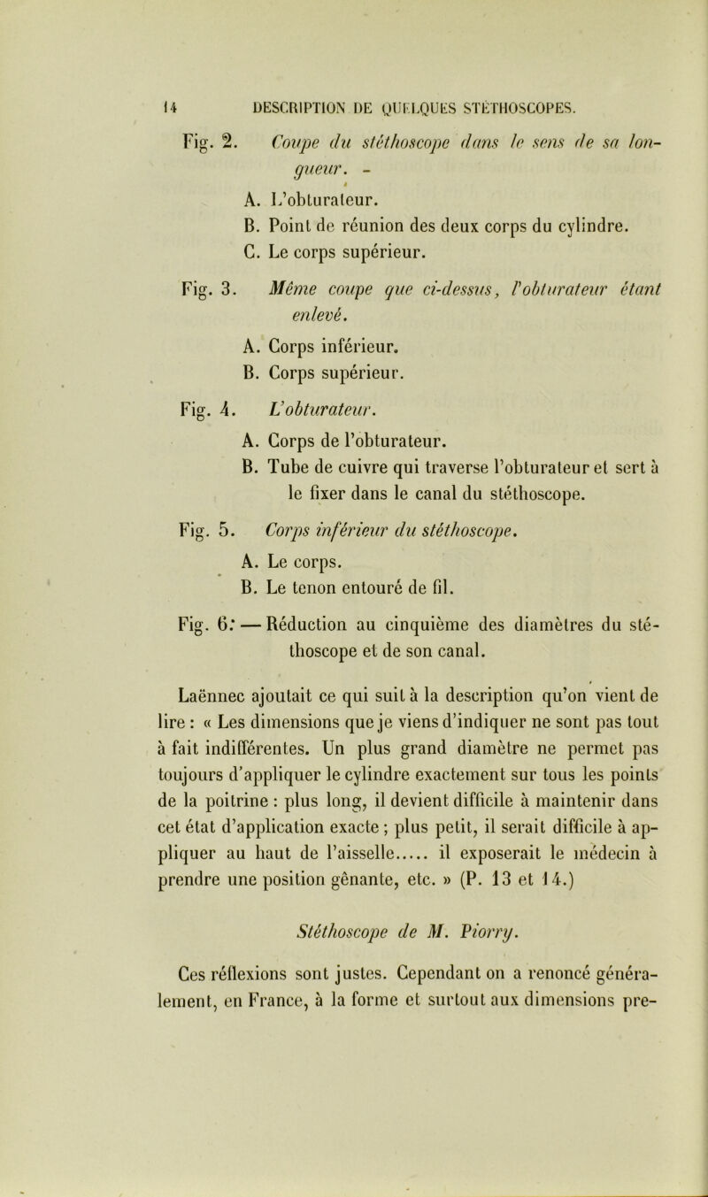 Fig. Coupe du stéthoscope dans Je sens de sa lon- gueur. - ê A. L’obturateur. B. Point de réunion des deux corps du cylindre. G. Le corps supérieur. Fig. 3. Même coupe que ci-dessus, P obturateur étant enlevé. A. Corps inférieur, B. Corps supérieur. Fig. 4. Vobturateur. A. Corps de l’obturateur. B. Tube de cuivre qui traverse l’obturateur et sert à le fixer dans le canal du stéthoscope. Fig. 5. Corps inférieur du stéthoscope. A. Le corps. B. Le tenon entouré de fil. Fig. 6; — Réduction au cinquième des diamètres du sté- thoscope et de son canal. 0 Laënnec ajoutait ce qui suit à la description qu’on vient de lire : « Les dimensions que je viens d’indiquer ne sont pas tout à fait indifférentes. Un plus grand diamètre ne permet pas toujours d’appliquer le cylindre exactement sur tous les points de la poitrine : plus long^ il devient difficile à maintenir dans cet état d’application exacte ; plus petit, il serait difficile à ap- pliquer au haut de l’aisselle il exposerait le médecin à prendre une position gênante, etc. » (P. 13 et 14.) Stéthoscope de M. Viorry. Ces réflexions sont justes. Cependant on a renoncé généra- lement, en France, à la forme et surtout aux dimensions pre-