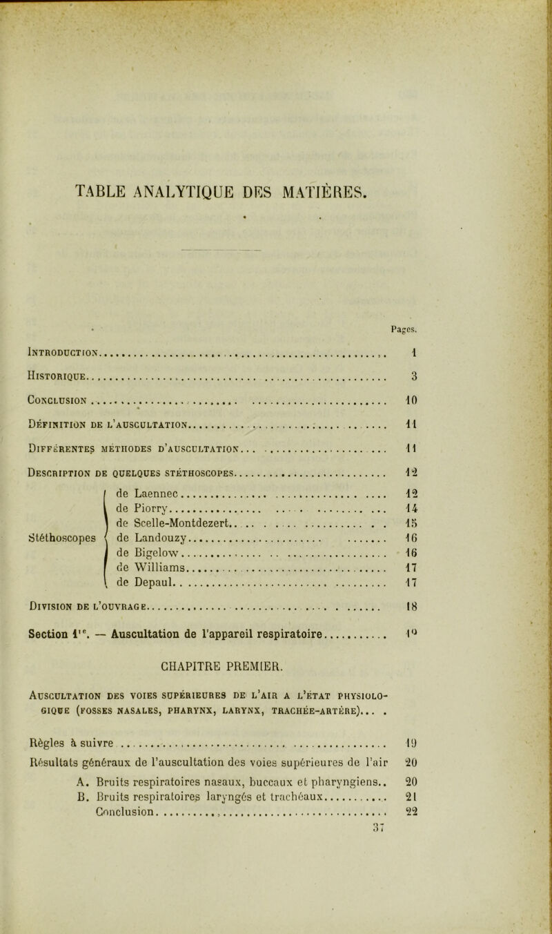 TABLE ANALYTIQUE DES MATIÈRES • Pages. Introduction 1 Historique 3 Conclusion 40 « Définition de l’auscultation 11 Différentes méthodes d’auscultation Il Description de quelques stéthoscopes 1“2 Ide Laennec de Piorry de Scelle-Montdezert X de Landouzy j de Bigelow I de Williams 1 de Depaul 12 U 15 16 16 17 17 Division de l’ouvrage 18 Section 1'®. — Auscultation de l’appareil respiratoire 1‘^ CHAPITRE PREMIER. Auscultation des voies supérieures de l’air a l’état physiolo- gique (fosses NASALES, PHARYNX, LARYNX, TRACHÉE-ARTÈRE). . . . Règles à suivre 19 Résultats généraux de l’auscultation des voies supérieures de l’air 20 A. Bruits respiratoires nasaux, buccaux et pharyngiens.. 20 B. Bruits respiratoires laryngés et trachéaux 21 Conclusion 22 O - <) <