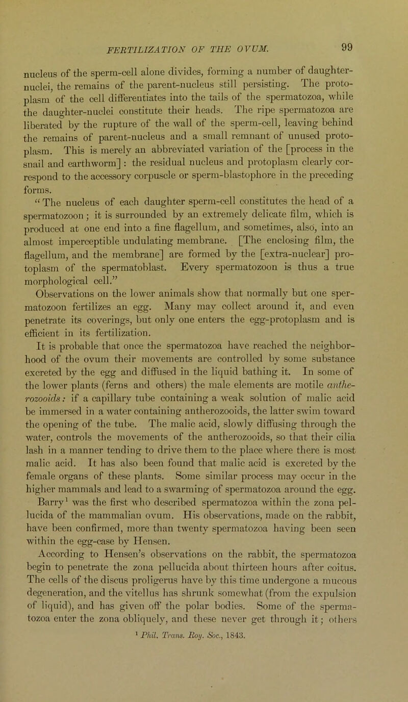 nucleus of the sperm-cell alone divides, forming a number of daughter- nuclei, the remains of the parent-nucleus still persisting. The proto- plasm of the cell differentiates into the tails of the spermatozoa, while the daughter-nuclei constitute their heads. The ripe spermatozoa are liberated by the rupture of the wall of the sperm-cell, leaving behind the remains of parent-nucleus and a small remnant of unused proto- plasm. This is merely an abbreviated variation of the [process in the snail and earthworm] : the residual nucleus and protoplasm clearly cor- respond to the accessory corpuscle or sperm-blastophore in the preceding forms. “The nucleus of each daughter sperm-cell constitutes the head of a spermatozoon; it is surrounded by an extremely delicate film, which is produced at one end into a fine flagellum, and sometimes, also, into an almost imperceptible undulating membrane. [The enclosing film, the flagellum, and the membrane] are formed by the [extra-nuclear] pro- toplasm of the spermatoblast. Every spermatozoon is thus a true morphological cell.” Observations on the lower animals show that normally but one sper- matozoon fertilizes an egg. Many may collect around it, and even penetrate its coverings, but only one enters the egg-protoplasm and is efficient in its fertilization. It is probable that once the spermatozoa have reached the neighbor- hood of the ovum their movements are controlled by some substance excreted by the egg and diffused in the liquid bathing it. In some of the lower plants (ferns and others) the male elements are motile anthe- rozooids: if a capillary tube containing a weak solution of malic acid be immersed in a water containing antherozooids, the latter swim toward the opening of the tube. The malic acid, slowly diffusing through the water, controls the movements of the antherozooids, so that their cilia lash in a manner tending to drive them to the place where there is most malic acid. It has also been found that malic acid is excreted by the female organs of these plants. Some similar process may occur in the higher mammals and lead to a swarming of spermatozoa around the egg. Barry1 was the first who described spermatozoa within the zona pel- lucida of the mammalian ovum. His observations, made on the rabbit, have been confirmed, more than twenty spermatozoa having been seen within the egg-case by Hensen. According to Hensen’s observations on the rabbit, the spermatozoa begin to penetrate the zona pellucida about thirteen hours after coitus. The cells of the discus proligerus have by this time undergone a mucous degeneration, and thevitellus has shrunk somewhat (from the expulsion of liquid), and has given off the polar bodies. Some of the sperma- tozoa enter the zona obliquely, and these never get through it; others 1 Phil. Trans. Roy. Soc., 1843.