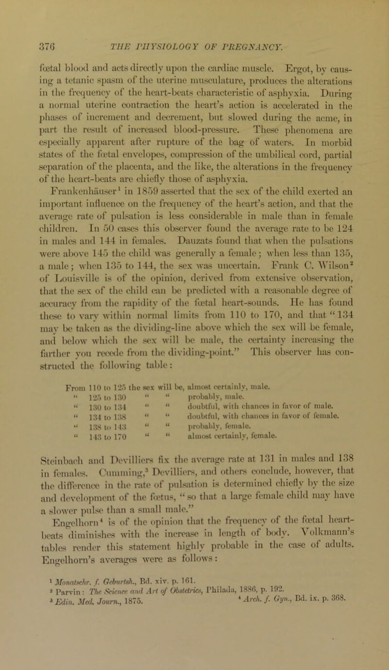 foetal blood and acts directly upon the cardiac muscle. Ergot, by caus- ing a tetanic spasm of the uterine musculature, produces the alterations in the frequency of the heart-beats characteristic of asphyxia. During a normal uterine contraction the heart’s action is accelerated in the phases of increment and decrement, but slowed during the acme, in part the result of increased blood-pressure. These phenomena are especially apparent after rupture of the bag of waters. In morbid states of the foetal envelopes, compression of the umbilical cord, partial separation of the placenta, and the like, the alterations in the frequency of the heart-beats are chiefly those of asphyxia. Frankenliauser1 in 1859 asserted that the sex of the child exerted an important influence on the frequency of the heart’s action, and that the average rate of pulsation is less considerable in male than in female children. In 50 cases this observer found the average rate to be 124 in males and 144 in females. Dauzats found that when the pulsations were above 145 the child was generally a female; when less than 135, a male; when 135 to 144, the sex was uncertain. Frank C. Wilson2 3 of Louisville is of the opinion, derived from extensive observation, that the sex of the child can be predicted with a reasonable degree of accuracy from the rapidity of the fietal heart-sounds. He has found these to vary within normal limits from 110 to 170, and that “ 134 may be taken as the dividing-line above which the sex will be female, and below which the sex will be male, the certainty increasing the farther you recede from the dividing-point.” This observer has con- structed the following table: From 110 to 125 the sex will he, almost certainly, male. 125 to 130 130 to 134 134 to 138 138 to 143 143 to 170 probably, male. doubtful, with chances in favor of male, doubtful, with chances in favor of female, probably, female, almost certainly, female. Steinbach and Devillicrs fix the average rate at 131 in males and 138 in females. Camming,* Devillicrs, and others conclude, however, that the difference in the rate of pulsation is determined chiefly by the size and development of the foetus, “so that a large female child mui have a slower pulse than a small male.” Engelhorn4 is of the opinion that the frequency of the foetal heart- beats diminishes with the increase in length of body. Volkmann’s tables render this statement highly probable in the case of adults. Engelhorn’s averages were as follows: 1 Monaischr. f. Geburtsh., Bd. xiv. p. 161. 1 Parvin : The Science and Art of Obstetrics, Philada, 1886, p. 192.