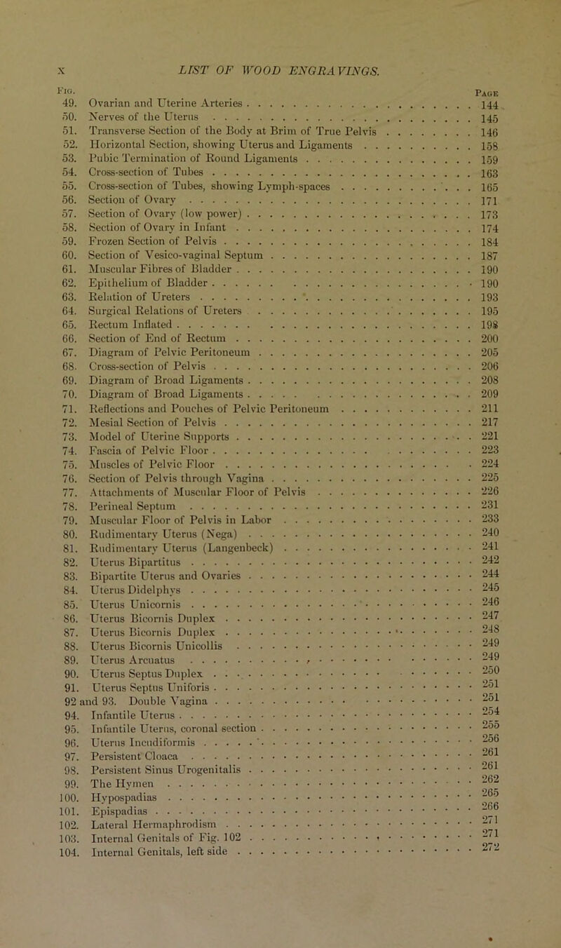 l'IG- _ PaoE 49. Ovarian and Uterine Arteries 144 50. Nerves of the Uterus 145 51. Transverse Section of the Body at Brim of True Pelvis 146 52. Horizontal Section, showing Uterus and Ligaments 158 53. Pubic Termination of Round Ligaments 159 54. Cross-section of Tubes 163 55. Cross-section of Tubes, showing Lymph-spaces 165 56. Section of Ovary 171 57. Section of Ovary (low power) 173 58. Section of Ovary in Infant 174 59. Frozen Section of Pelvis 184 60. Section of Vesico-vaginal Septum 187 61. Muscular Fibres of Bladder 190 62. Epithelium of Bladder 190 63. Relation of Ureters 193 64. Surgical Relations of Ureters 195 65. Rectum Inflated 198 66. Section of End of Rectum 200 67. Diagram of Pelvic Peritoneum 205 68. Cross-section of Pelvis 206 69. Diagram of Broad Ligaments 208 70. Diagram of Broad Ligaments 209 71. Reflections and Pouches of Pelvic Peritoneum 211 72. Mesial Section of Pelvis 217 73. Model of Uterine Supports 221 74. Fascia of Pelvic Floor 223 75. Muscles of Pelvic Floor 224 76. Section of Pelvis through Vagina 225 77. Attachments of Muscular Floor of Pelvis 226 78. Perineal Septum 231 79. Muscular Floor of Pelvis in Labor 233 80. Rudimentary Uterus (Nega) 240 81. Rudimentary Uterus (Langenbeck) 241 82. Uterus Bipartitus 242 83. Bipartite Uterus and Ovaries 244 84. Uterus Didelphys 245 85. Uterus Unicornis 246 86. Uterus Bicornis Duplex 247 87. Uterus Bicornis Duplex 248 88. Uterus Bicornis Unicollis 249 89. Uterus Arcuatus 249 90. Uterus Septus Duplex 250 91. Uterus Septus Uniforis 251 92 and 93. Double Vagina 251 94. Infantile Uterus 254 95. Infantile Uterus, coronal section ~00 96. Uterus Incudiformis ' 256 97. Persistent Cloaca 201 98. Persistent Sinus Urogenitalis 261 99. The Hymen 262 100. Hypospadias 265 101. Epispadias 266 102. Lateral Ilermaphrodism 271 103. Internal Genitals of Fig. 102 * 271 104. Internal Genitals, left side 272