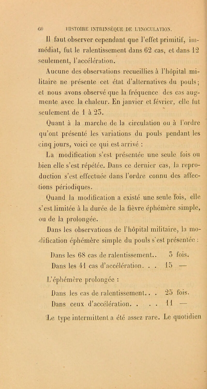 li faut observer cependant que l’effet primitif, im- médiat, fut le ralentissement dans 62 cas, et dans 12 seulement, l’accélération. Aucune des observations recueillies à l’hôpital mi- litaire ne présente cet état d’alternatives du pouls; et nous avons observé que la fréquence des cas aug- mente avec la chaleur. En janvier et février, elle fut seulement de 1 à 25. Quant à la marche de la circulation ou à l’ordre qu’ont présenté les variations du pouls pendant les cinq jours, voici ce qui est arrivé : La modification s’est présentée une seule fois ou bien elle s’est répétée. Dans ce dernier cas, la repro- duction s’est effectuée dans l’ordre connu des affec- tions périodiques. Quand la modification a existé une seule fois, elle s’est limitée à la durée de la fièvre éphémère simple, ou de la prolongée. Dans les observations de l’hôpital militaire, la mo- dification éphémère simple du pouls s’est présentée : Dans les 68 cas de ralentissement.. 5 fois. Dans les 41 cas d’accélération. . . 15 — L’éphémère prolongée : Dans les cas de ralentissement.. . 25 fois. Dans ceux d’accélération. . . . H — Le type intermittent a été assez rare. Le quotidien