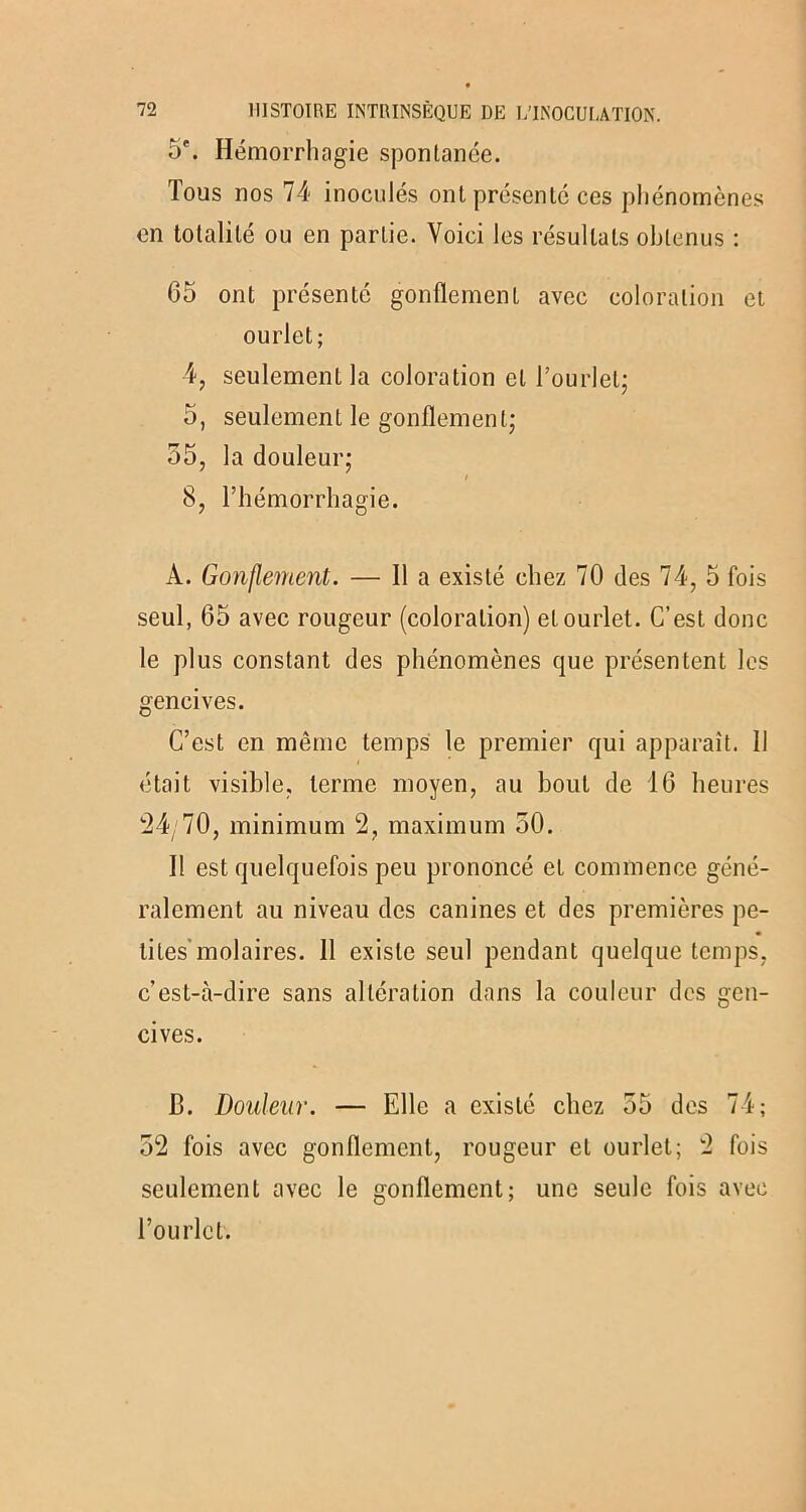 5P. Hémorrhagie spontanée. Tous nos 74 inoculés ont présenté ces phénomènes en totalité ou en partie. Voici les résultats obtenus : 65 ont présenté gonflement avec coloration et ourlet; 4, seulement la coloration et l’ourlet; 5, seulement le gonflement; 55, la douleur; i 8, l’hémorrhagie. À. Gonflement. — Il a existé chez 70 des 74, 5 fois seul, 65 avec rougeur (coloration) et ourlet. C’est donc le plus constant des phénomènes que présentent les gencives. C’est en même temps le premier qui apparaît. Il était visible, terme moyen, au bout de 16 heures 24/70, minimum 2, maximum 50. Il est quelquefois peu prononcé et commence géné- ralement au niveau des canines et des premières pe- tites molaires. Il existe seul pendant quelque temps, c’est-à-dire sans altération dans la couleur des gen- cives. JB. Douleur. — Elle a existé chez 55 des 74; 52 fois avec gonflement, rougeur et ourlet; 2 fois seulement avec le gonflement; une seule fois avec l’ourlet.
