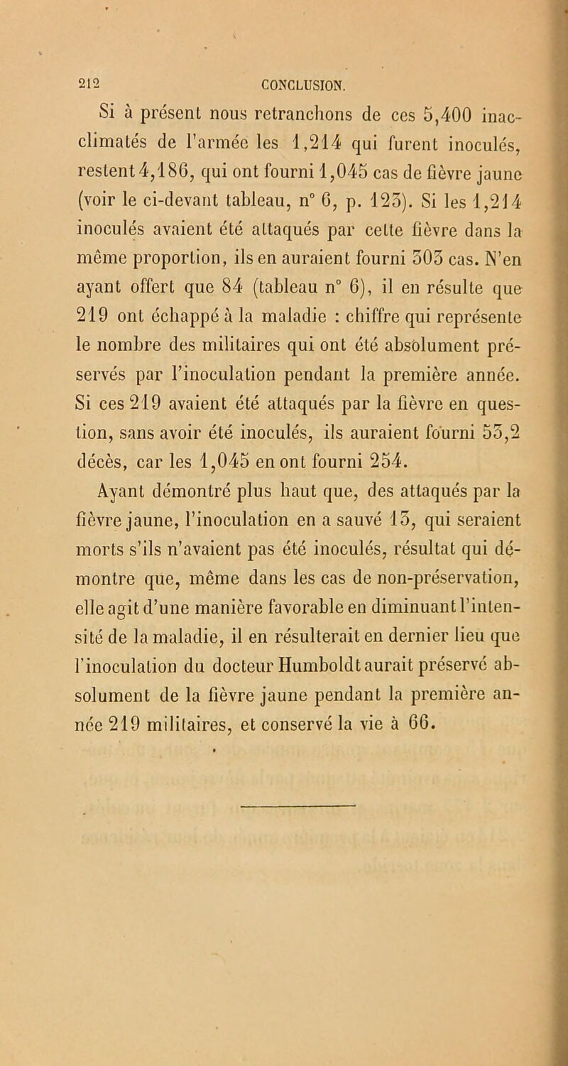 Si à présent nous retranchons de ces 5,400 inac- climatés de l’armée les 1,214 qui furent inoculés, restent 4,186, qui ont fourni 1,045 cas de fièvre jaune (voir le ci-devant tableau, n° 6, p. 125). Si les 1,214 inoculés avaient été attaqués par cette fièvre dans la même proportion, ils en auraient fourni 503 cas. N’en ayant offert que 84 (tableau n° 6), il en résulte que 219 ont échappé à la maladie : chiffre qui représente le nombre des militaires qui ont été absolument pré- servés par l’inoculation pendant la première année. Si ces 219 avaient été attaqués par la fièvre en ques- tion, sans avoir été inoculés, ils auraient fourni 55,2 décès, car les 1,045 en ont fourni 254. Ayant démontré plus haut que, des attaqués par la fièvre jaune, l’inoculation en a sauvé 15, qui seraient morts s’ils n’avaient pas été inoculés, résultat qui dé- montre que, même dans les cas de non-préservation, elle agit d’une manière favorable en diminuant l’inten- sité de la maladie, il en résulterait en dernier lieu que l’inoculation du docteur Humboldt aurait préservé ab- solument de la fièvre jaune pendant la première an- née 219 militaires, et conservé la vie à 66.
