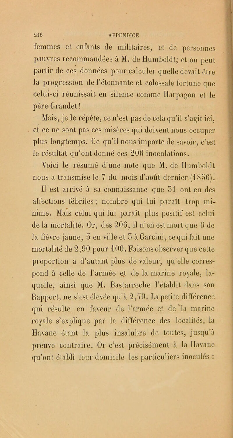 femmes el enfanis de militaires, et de personnes pauvres recommandées à M. de Humboldt; el on peut partir de ces données pour calculer quelle devait être la progression de l’étonnante et colossale fortune que celui-ci réunissait en silence comme Harpagon et le père Grandet ! Mais, je le répèle, ce n’est pas de cela qu’il s’agit ici, el ce ne sont pas ces misères qui doivent nous occuper plus longtemps. Ce qu’il nous importe de savoir, c’est le résultat qu’ont donné ces 206 inoculations. Voici le résumé d’une note que M. de Humboldt nous a transmise le 7 du mois d’août dernier (1856). Il est arrivé à sa connaissance que 31 ont eu des affections fébriles; nombre qui lui paraît trop mi- nime. Mais celui qui lui paraît plus positif est celui de la mortalité. Or, des 206, il n’en est mort que 6 de la fièvre jaune, 5 en ville et 3 à Garcini, ce qui fait une mortalité de 2,90 pour 100. Faisons observer que celte proportion a d’autant plus de valeur, qu’elle corres- pond à celle de l’armée e.t de la marine royale, la- quelle, ainsi que M. Bastarreche l’établit dans son Rapport, ne s’est élevée qu’à 2,70. La petite différence qui résulte en faveur de l’armée et de la marine royale s’explique par la différence des localités, la Havane étant la plus insalubre de toutes, jusqu’à preuve contraire. Or c’est précisément à la Havane qu’ont établi leur domicile les particuliers inoculés :