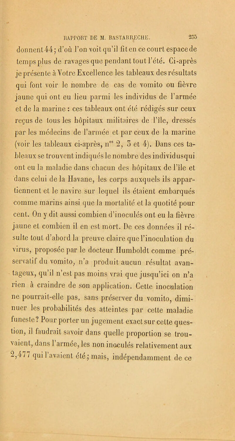 donnent 44; d’où l’on voit qu’il fiten ce court espacede temps plus de ravages que pendant tout l’été. Ci-après je présente à Votre Excellence les tableaux des résultats qui font voir le nombre de cas de vomito ou fièvre jaune qui ont eu lieu parmi les individus de l’armée et de la marine : ces tableaux ont été rédigés sur ceux reçus de tous les hôpitaux militaires de l’île, dressés par les médecins de l’armée et par ceux de la marine (voir les tableaux ci-après, nos 2, 5 et 4). Dans ces ta- bleaux se trouvent indiqués le nombre des individusqui ont eu la maladie dans chacun des hôpitaux de l’île et dans celui de la Havane, les corps auxquels ils appar- tiennent et le navire sur lequel ils étaient embarqués comme marins ainsi que la mortalité et la quotité pour cent. On y dit aussi combien d’inoculés ont eu la fièvre jaune et combien il en est mort. De ces données il ré- sulte tout d’abord la preuve claire que l’inoculation du virus, proposée par le docteur Humboldt comme pré- servatif du vomito, n’a produit aucun résultat avan- tageux, qu’il n’est pas moins vrai que jusqu’ici on n’a rien a craindre de son application. Cette inoculation ne pourrait-elle pas, sans préserver du vomito, dimi- nuer les probabilités des atteintes par cette maladie funeste? Pour porter un jugement exactsur cette ques- tion, il faudrait savoir dans quelle proportion se trou- vaient, dans 1 armée, les non inoculés relativement aux 2,477 qui l’avaient été; mais, indépendamment de ce