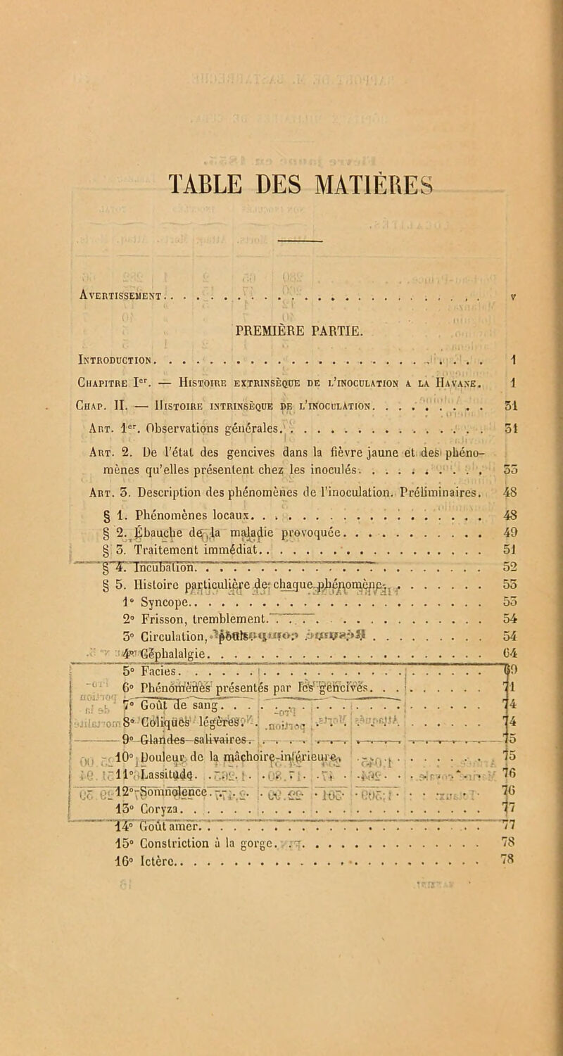 TABLE DES MATIÈRES Avertissement v oi 1 uf , .jif 1 S PREMIÈRE PARTIE. Introduction ......... I Chapitre Ier. — Histoire extrinsèque de l’inoculation a la Havane. 1 Ciiap. II. — Histoire intrinsèque de l’inoculation. ........ 51 , ... .U'I'IIU Art. 1er. Observations générales.' . . 51 1 Art. 2. De l’état des gencives dans la fièvre jaune et des< phéno- mènes qu’elles présentent chez les inoculés i ... , 55 Art. 5. Description des phénomènes de l’inoculation. Préliminaires. 4S § 1. Phénomènes locaux. . 48 § 2v|lbaucbe d^j;la maladie provoquée. . 49 § 5. Traitement immédiat 51 gJ577ncûbation?1'. . . . .' 52 § 5. Histoire p^ücul'^echaque^hj^omiyfo. , 55 1‘ Syncope 55 2° Frisson, tremblement.TTT*. 54 5° Circulation, Ophatsiujuio.-* .iytfnf**»# 54 ^•'Céphalalgie C4 5° Faciès . . . . . . . . . ; . . . ... (p 6° PhénoiWènès présentés par rcsÿ'-gëiScFr'ès. . . ; Tl 7° Goutoe sang. . . . ; ^ i.jilwo;, S» Coliques légères. .. . 74 9° Glandes-salivaires. . -, .—, -t— . (5 .,,, 10° Douleur^.de la màchoirç4nténeuiei 15 11° Lassitude . - . ... r ...... *- • j6 . 120~Somno!çnce.7.- . . . ZTT . 70 15° Coryza 77 14° Goûtameri i'T”.TTT'T. . . . ” 77 15° Conslriction à la gorge, rq 78 16° Ictère 78