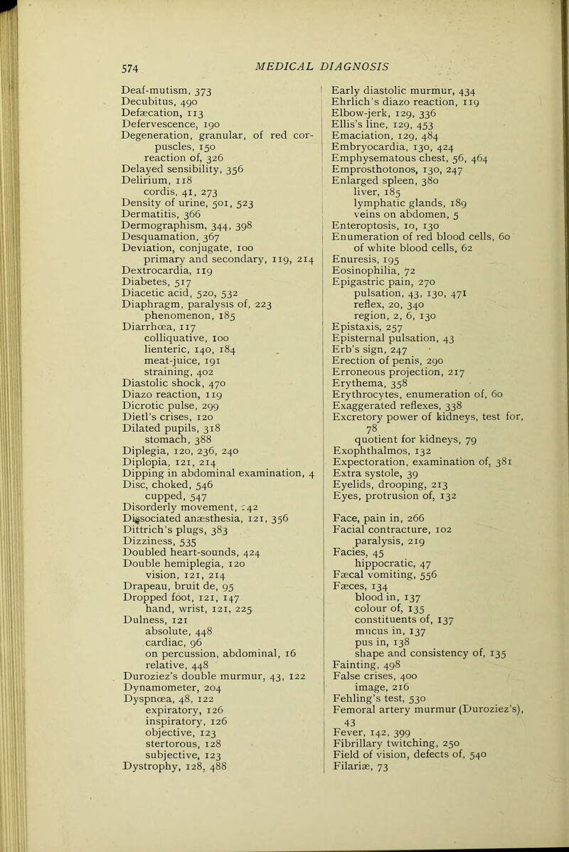 Deaf-mutism, 373 Decubitus, 490 Defaecation, 113 Defervescence, igo Degeneration, granular, of red cor- puscles, 150 reaction of, 326 Delayed sensibility, 356 Delirium, 118 cordis, 41, 273 Density of urine, 501, 523 Dermatitis, 366 Dermographism, 344, 398 Desquamation, 367 Deviation, conjugate, 100 primary and secondary, iig, 214 Dextrocardia, 119 Diabetes, 517 Diacetic acid, 520, 532 Diaphragm, paralysis of, 223 phenomenon, 185 Diarrhcea, 117 colliquative, 100 lienteric, 140, 184 meat-juice, 191 straining, 402 Diastolic shock, 470 Diazo reaction, 119 Dicrotic pulse, 299 Dietl’s crises, 120 Dilated pupils, 318 stomach, 388 Diplegia, 120, 236, 240 Diplopia, 121, 214 Dipping in abdominal examination, 4 Disc, choked, 546 cupped, 547 Disorderly movement, ^42 Dissociated anaesthesia, 121, 356 Dittrich’s plugs, 383 Dizziness, 535 Doubled heart-sounds, 424 Double hemiplegia, 120 vision, 121, 214 Drapeau, bruit de, 95 Dropped foot, 121, 147 hand, wrist, 121, 225 Dulness, 121 absolute, 448 cardiac, 96 on percussion, abdominal, 16 relative, 448 Duroziez’s double murmur, 43, 122 Dynamometer, 204 Dyspnoea, 48, 122 expiratory, 126 inspiratory, 126 objective, 123 stertorous, 128 subjective, 123 Dystrophy, 128, 488 Early diastolic murmur, 434 Ehrlich’s diazo reaction, iig Elbow-jerk, 129, 336 Ellis’s line, 129, 453 Emaciation, 129, 484 Embryocardia, 130, 424 Emphysematous chest, 56, 464 Emprosthotonos, 130, 247 Enlarged spleen, 380 liver, 185 lymphatic glands, 189 veins on abdomen, 5 Enteroptosis, 10, 130 j Enumeration of red blood cells, 60 of white blood cells, 62 Enuresis, 195 Eosinophilia, 72 Epigastric pain, 270 pulsation, 43, 130, 471 reflex, 20, 340 region, 2, 6, 130 Epistaxis, 257 Episternal pulsation, 43 Erb’s sign, 247 Erection of penis, 290 Erroneous projection, 217 Erythema, 358 Erythrocytes, enumeration of, 60 Exaggerated reflexes, 338 Excretory power of kidneys, test for, 78 quotient for kidneys, 79 Exophthalmos, 132 Expectoration, examination of, 381 Extra systole, 39 Eyelids, drooping, 213 Eyes, protrusion of, 132 Face, pain in, 266 Facial contracture, 102 paralysis, 219 Facies, 45 hippocratic, 47 Faecal vomiting, 556 Faeces, 134 blood in, 137 colour of, 135 constituents of, 137 mucus in, 137 pus in, 138 shape and consistency of, 135 Fainting, 498 False crises, 400 image, 216 Fehling’s test, 530 I Femoral artery murmur (Duroziez’s), 43 Fever, 142, 399 Fibrillary twitching, 250 Field of vision, defects of, 540 j Filariae, 73