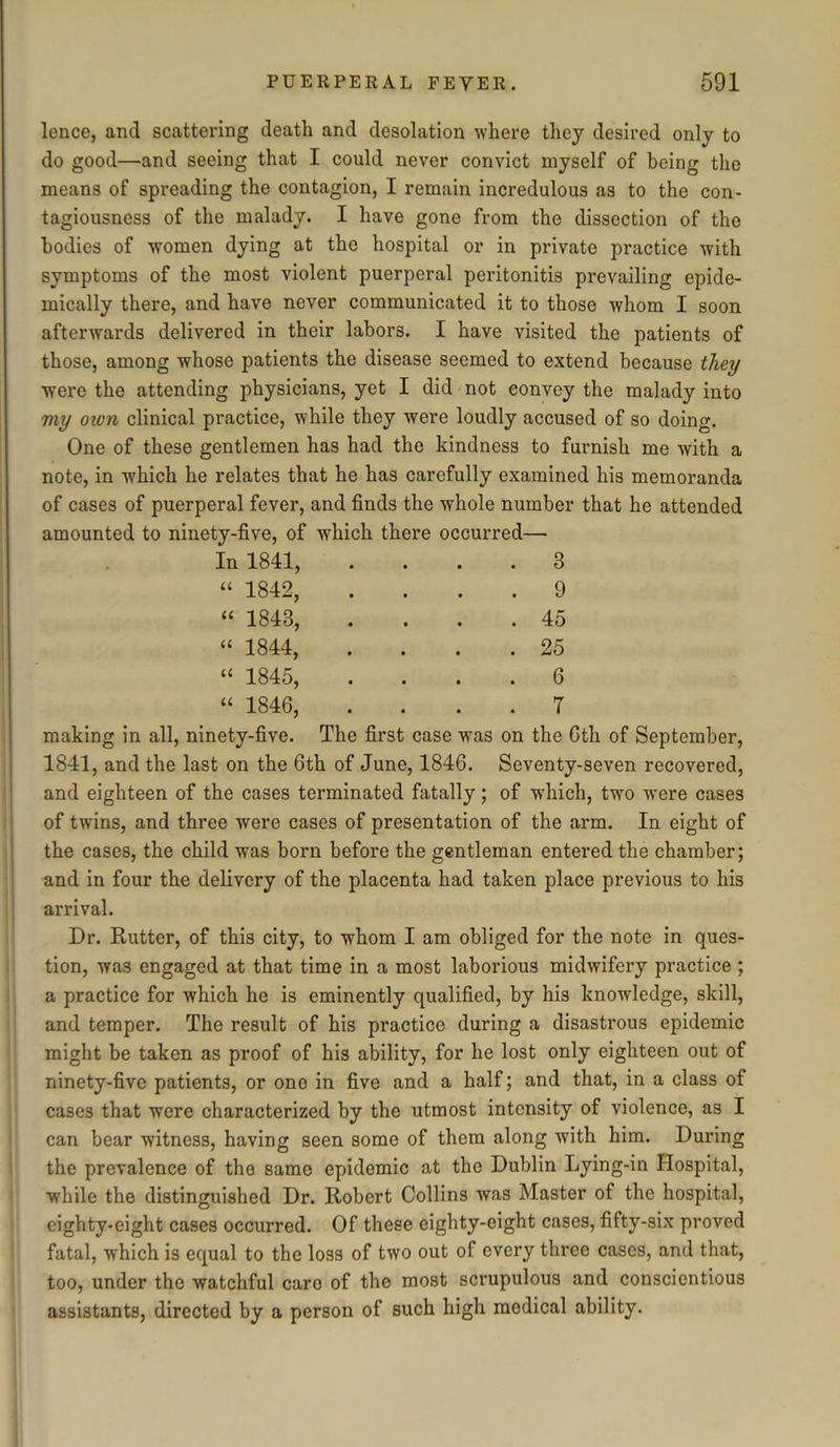 lence, ancl scattering death and desolation where they desired only to do good—and seeing that I could never convict myself of being the means of spreading the contagion, I remain incredulous as to the con- tagiousness of the malady. I have gone from the dissection of the bodies of women dying at the hospital or in private practice with symptoms of the most violent puerperal peritonitis prevailing epide- mically there, and have never communicated it to those whom I soon afterwards delivered in their labors. I have visited the patients of those, among whose patients the disease seemed to extend because they were the attending physicians, yet I did not convey the malady into my oion clinical practice, while they were loudly accused of so doing. One of these gentlemen has had the kindness to furnish me with a note, in -which he relates that he has carefully examined his memoranda of cases of puerperal fever, and finds the whole number that he attended amounted to ninety-five, of which there occurred— In 1841, .... 8 “ 1842, .... 9 “ 1843, . . . .45 “ 1844, .... 25 “ 1845, .... 6 “ 1846, 7 making in all, ninety-five. The first case was on the 6th of September, 1841, and the last on the 6th of June, 1846. Seventy-seven recovered, and eighteen of the cases terminated fatally; of which, two were cases of twins, and three were cases of presentation of the arm. In eight of the cases, the child was born before the gentleman entered the chamber; und in four the delivery of the placenta had taken place previous to his arrival. Dr. Rutter, of this city, to whom I am obliged for the note in ques- tion, was engaged at that time in a most laborious midwifery practice ; a practice for which he is eminently qualified, by his knowledge, skill, and temper. The result of his practice during a disastrous epidemic might be taken as proof of his ability, for he lost only eighteen out of ninety-five patients, or one in five and a half; and that, in a class of cases that were characterized by the utmost intensity of violence, as I can bear witness, having seen some of them along with him. During the prevalence of the same epidemic at the Dublin Lying-in Hospital, while the distinguished Dr. Robert Collins was Master of the hospital, eighty-eight cases occurred. Of these eighty-eight cases, fifty-six proved fatal, which is equal to the loss of two out of every three cases, and that, too, under the watchful care of the most scrupulous and conscientious assistants, directed by a person of such high medical ability.