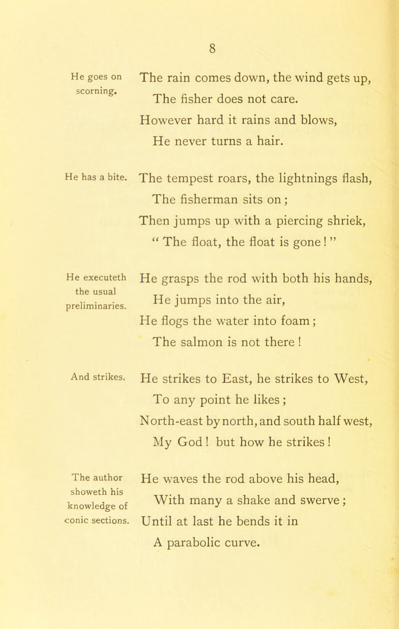 He goes on scorning. He has a bite. He executeth the usual preliminaries. And strikes. The author showeth his knowledge of conic sections. The rain comes down, the wind gets up, The fisher does not care. However hard it rains and blows, He never turns a hair. The tempest roars, the lightnings flash, The fisherman sits on ; Then jumps up with a piercing shriek, “ The float, the float is gone! ” He grasps the rod with both his hands, He jumps into the air, He flogs the water into foam ; The salmon is not there ! He strikes to East, he strikes to West, To any point he likes; N orth-east by north, and south half west, My God ! but how he strikes ! He waves the rod above his head, With many a shake and swerve; Until at last he bends it in A parabolic curve.