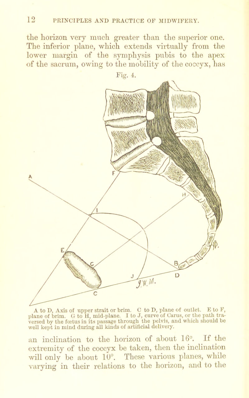 the horizon veiy much greater than the superior one. Tlie inferior plane, which extends virtually from the lower margin of the symphysis pubis to the apex of the sacrum, owing to the mobility of the coccyx, has Fig. 4. A to D, Axis of upper strait or brim. C to D, plane of outlet. E to F, plane of brim. G to H, mid-plane. I to J, curve of Caru-s, or the path tra- versed by the fcetus in its iiassage through the pelvis, and which should be well kept in mind during all kinds of artilicial delivery. an inclination to the horizon of about 16°. If the extremity of the coccyx be taken, then the inclination tvill only be about 10°. These various planes, while varying in their relations to the horizon, and to the