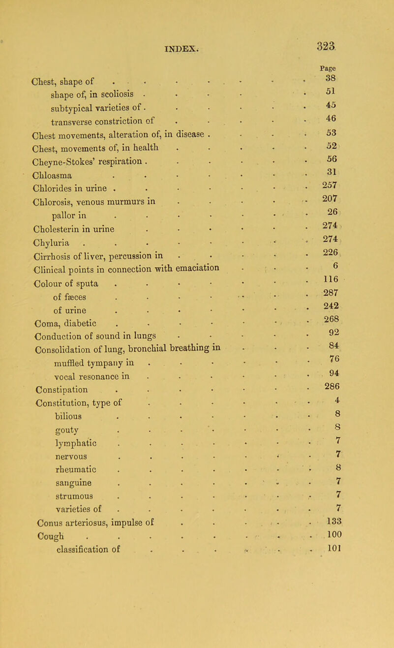 Page Chest, shape of . • • • . • • .38 shape of, in scoliosis .... .51 suhtypical varieties of. • • • • .45 transverse constriction of . • - - .46 Chest movements, alteration of, in disease . • • .53 Chest, movements of, in health . . . - .52 Cheyne-Stokes’ respiration ....•• 56 Chloasma . • • • • • .31 Chlorides in urine ..•■••• Chlorosis, venous murmurs in . . • • • 207 pallor in ..••••• Cholesterin in urine ..•••• 274 Chylurla . . . • • • •  Cirrhosis of liver, percussion in . • ■ • • 226 Clinical points in connection with emaciation . . • 6 Colour of sputa of faeces . . • ... . • 287 of urine .242 Coma, diabetic ..••••* Conduction of sound in lungs . . - • • 92 Consolidation of lung, bronchial breathing in . . .84 muffled tympany in . • • • • - 76 vocal resonance in . . • • • .94 Constipation 286 Constitution, type of ^ bilious ....... 8 gouty . . • • • • • lymphatic 7 nervous . . . • • ■* • 7 rheumatic . . • • • . . 8 sanguine . . . • . . .7 strumous . . . • • • - 7 varieties of . . . . • • -7 Conus arteriosus. Impulse of . . ■ • .133 Cough . . - . • • • .100 classification of . . . .. . .101