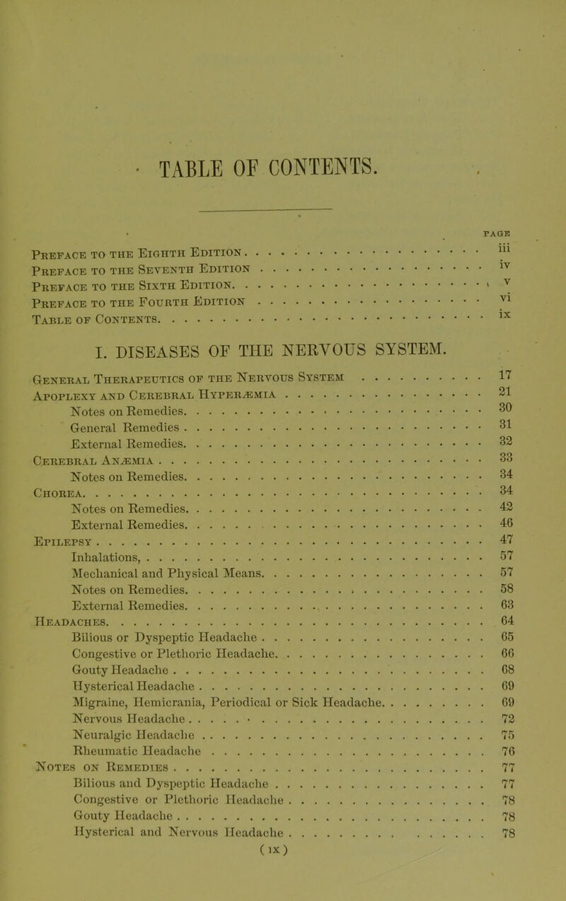 ■ TABLE OF CONTENTS. Preface to the Eighth Edition Preface to the Seventh Edition Preface to the Sixth Edition Preface to the Fourth Edition Table of Contents I. DISEASES OF THE NERVOUS SYSTEM. General Therapeutics of the Nervous System Apoplexy and Cerebral Hyperemia Notes on Remedies General Remedies External Remedies Cerebral Anaemia Notes on Remedies Chorea Notes on Remedies External Remedies Epilepsy Inhalations, Mechanical and Physical Means Notes on Remedies External Remedies Headaches Bilious or Dyspeptic Headache Congestive or Plethoric Headache Gouty Headache Hysterical Headache Migraine, Hemicrania, Periodical or Sick Headache Nervous Headache • Neuralgic Headache Rheumatic Headache Notes on Remedies Bilious and Dyspeptic Headache Congestive or Plethoric Headache Gouty Headache Hysterical and Nervous Headache
