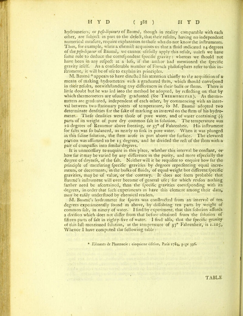 hydrometers, or pefe-liqueurs of Baume, though in reality comparable with each other, are fubjedt in part to the defedV, that their refults, having no independent numerical meafure, require explanation tothofe who do not know the inftruments. Thus, for example, when a chemift acquaints us that a fluid indicated 14 degrees of the peje-liqueur of Baume, we cannot ufefully apply this refult, unlefs we have fome rule to deduce the correfpondent fpecific gravity : whereas we fliould not have been in any refpedl at a lofs, if the author had mentioned the fpecific gravity itfelf. As a confiderable number of French philofophers refer to this in- ftrument, it will be of ufe to explain its principles. M. Baume * appears to have diredled his attention chiefly to the acquifitionof a means of making hydrometers with a graduated ftem, which fhould correfpond in their refults, notwithftanding any differences in their balls or ftems. There is little doubt but he was led into the method he adopted, by refle&ing on that by which thermometers are ufually graduated (fee Thermometer). As thermo- meters are graduated, independent of each other, by commencing with an inter- val between two ftationary points of temperature, fo M. Baume adopted two determinate denfities for the fake of marking an interval on the ftem of his hydro- meter. Thefe denfities were thofe of pure water, and of water containing 44. parts of its weight of pure dry common fait in folution. The temperature was 10 degrees of Reaumur above freezing, or 570 of Fahrenheit. His inftrument for falts was fo balanced, as nearly to fink in pure water. When it was plunged in this faline folution, the ftem arofe in part above the furface. The elevated portion was aflumed to be 15 degrees, and he divided the reft of the ftem with a pair of cornpafles into fimilar degrees. It is unneceffary to enquire in this place, whether this interval be conftant, or how far it may be varied by any difference in the purity, and more efpecially the degree of drynefs, of the fait. Neither will it be requifite to enquire how far the principle of meafuring fpecific gravities by degrees reprefenting equal incre- ments, or decrements, in the bulks of fluids, of equal weight but different fpecific gravities, may be of value, or the contrary. It does not feem probable that Baume’s inftrument will ever become of general ufe; for which reafon nothing farther need be afcertained, than the fpecific gravities correfponding with its degrees, in order that fuch experiments as have this element among their data, may be eafily underftood by chemical readers. M. Baume’s hydrometer for fpirits was conftrudted from an interval of ten degrees experimentally found as above, by diffblving ten parts by weight of common fait, in ninety of water. I find by experiment, that this folution affords a divifion which does not differ from that before obtained from the folution of fifteen parts of fait in eighty-five of water. I find alfo, that the fpecific gravity of this laft-mentioned folution, at the temperature of 570 Fahrenheit, is 1.105* Whence I have computed the following table : * Elements tie Pharmacie : cinquieme edition, Paris 1784, p*ge 396. TABLE