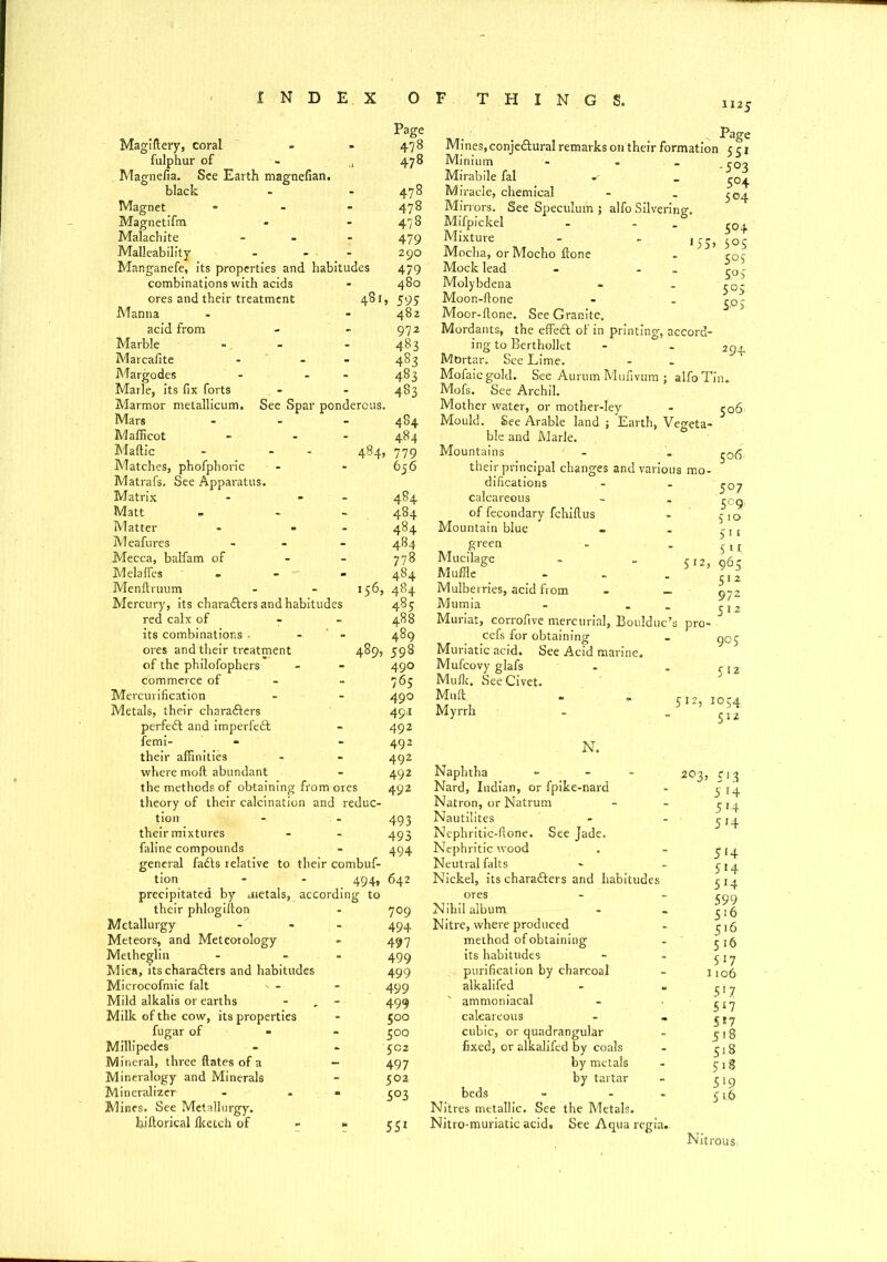 Page 47 8 478 Magiftery, coral fulphur of Magnefia. See Earth magnefian. black - 478 Magnet - - - 478 Magnetifm • - 478 Malachite ... 479 Malleability - - - 290 Manganefe, its properties and habitudes 479 combinations with acids - 480 ores and their treatment 481, 595 Manna - - 482 acid from - - 972 Marble - - - 483 Marcafite - - - 483 Margodes - - 483 Marie, its fix forts - - 483 Marmor metallicum. See Spar ponderous. Mars ... 484 Mafiicot - - 484 Maftic - - 484, 779 Matches, phofphoric - - 656 Matrafs. See Apparatus. Matrix - - 484 Matt - - 484 Matter - - 484 Meafures - - - 484 Mecca, bal'fam of - - 778 Melaffes - - 484 MenHruum - - 156, 484 Mercury, its chara&ers and habitudes 485 red calx of - - 488 its combinations . - - 489 ores and their treatment 489, 598 of the philofophers - - 490 commerce of - - 765 Mercurification - - 490 Metals, their charadters 491 perfect and imperfedt - 492 femi- - 492 their affinities - - 492 where moft abundant - 492 the methods of obtaining from ores 492 theory of their calcination and reduc- tion - - 493 their mixtures - - 493 faline compounds - 494 general fadts relative to their combuf- tion - - 494, 642 1125 Page 1 55: Mines,conjedtural remarks on their formation c c 1 Minium Mirabile fal *- Miracle, chemical Mirrors. See Speculum 5 alfo Silvering'. Mifpickel - - . Mixture Mocha, orMocho Hone Mock lead - - Molybdena Moon-Hone Moor-Hone. See Granite. Mordants, the effedl of in printing, accord ing to Berthollet Mortar. See Lime. Mofaicgold. See Aurum Mufivum ; alfo Tin.. Mofs. See Archil. Mother water, or mother-ley - co6 Mould. See Arable land j Earth, Vegeta- ble and Marie. Mountains - . their principal changes and various mo- difications calcareous -5°3 5°4 5<=4 504 5°5 5°5 5° 5 5°5 5 PJ. 294 506 of fecondary fchillus Mountain blue green Mucilage Muffle Mulberries, acid from Mumia - . Muriat, corrofive mercurial, Boulduc’ cefs for obtaining Muriatic acid. See Acid marine. Mufcovy glafs Mullr. See Civet. Mull Myrrh N. Naphtha - Nard, Indian, or fpike-nard Natron, or Natrum Nautilites Nephritic-Hone. See Jade. Nephritic wood . Neutral falts Nickel, its charadters and habitudes pro- 5°7 5C 9 5 10 5i £ 5U 965 512 972 512 9° 5 5i2j 10 54. 512 203, their phlogiflon 7°9 Nihil album Metallurgy 494 Nitre, where produced Meteors, and Meteorology 497 method of obtaining Metheglin 499 its habitudes Mica, its charadfers and habitudes 499 purification by charcoal Microcofmic fait n — 499 alkalifed Mild alkalis or earths - , - 499 ammoniacal Milk of the cow, its properties 500 calcareous - - fugar of - coo cubic, or quadrangular Millipedes 5C2 fixed, or alkalifed by coals Mineral, three Hates of a - 497 by metals Mineralogy and Minerals 502 by tartar Mineralizer - - 5°3 beds - - Mines. See Metallurgy. Nitres metallic. See the Metals. biHorical Iketch of 55* Nitro-muriatic acid. See Aqua regia.. 513 514 514 5*4 5*4 5*4 5*4 599 516 516 516 5*7 1106 5'7 5*7 5*7 518 518 518 5*9 51.6 Nitrous;