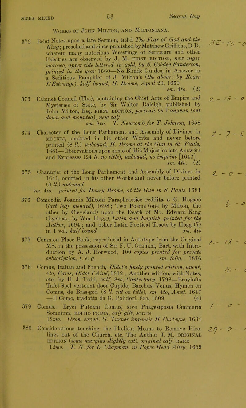 Works of John Milton, and Miltoniana. 372 Brief Notes upon a late Sermon, titl’d The Fear of God and the King; preached and since published byMatthewGriffiths, D.D. wherein many notorious Wrestings of Scripture and other Falsities are observed by J. M. first edition, new niger morocco, upper side lettered in gold, by S. Cobden-Sanderson, printed in the year 1660—No Blinde Guides, in Answer to a Seditious Pamphlet of J. Milton’s {the above; by Roger L’Estrange), half bound, II. Brome, April 20, 1660 sm. ito. (2) 373 Cabinet Council (The), containing the Chief Arts of Empire and Mysteries of State, by Sir Walter Raleigh, published by John Milton, Esq. first edition, portrait by Vaughan {cut down and mounted), new calf sm. 8vo. T. Newcomb for T. Johnson, 1658 374 Character of the Long Parliament and Assembly of Divines in mdcxli, omitted in his other Works and never before printed (8 ll.) unbound, II. Brome at the Gun in St. Pauls, 1681—Observations upon some of His Majesties late Answers and Expresses (24 ll. no title), unbound, no imprint [1642] sm. 4to. (2) 375 Character of the Long Parliament and Assembly of Divines in 1641, omitted in his other Works and never before printed (8 ll.) unbound sm. ito. printed for Henry Brome, at the Gun in S. Pauls, 1681 376 Comoedia Joannis Miltoni Paraphrastice reddita a G. Hogaeo {last leaf mended), 1698; Two Poems (one by Milton, the other by Cleveland) upon the Death of Mr. Edward King (Lycidas ; by Wm. Hogg), Latin and English, printed for the Author, 1694 ; and other Latin Poetical Tracts by Hogg (7) in 1 vol. half bound sm. ito 377 Common Place Book, reproduced in Autotype from the Original MS. in the possession of Sir F. U. Graham, Bart, with Intro- duction by A. J. Horwood, 100 copies printed for private subscription, t. e. g. sm. folio. 1876 378 Comus, Italian and French, Didot’s finely printed edition, uncut, ito, Paris, Didot VAine, 1812 ; Another edition, with Notes, etc. by H. J. Todd, calf, 8vo, Canterbury, 1798—Bruylofts Tafel-Spel vertoont door Cupido, Bacchus, Venus, Hymen en Comus, de Bras-god (8 ll. cut on title), sm. 4to, Amst. 1647 —II Como, tradotta da G. Polidori, 8vo, 1809 (4) 379 Comus. Eryci Puteani Comus, sive Phagesiposia Cimmeria Somnium, editio PRIMA, calf gilt, scarce 12wo. Oxon. excud. G. Turner impensis II. Curteyne, 1634 380 Considerations touching the likeliest Means to Remove Hire- lings out of the Church, etc. The Author J. M. original edition {some margins slightly cut), original calf, rare 12wo. T. N.for L. Chapman, in Popes Head Alley, 1659