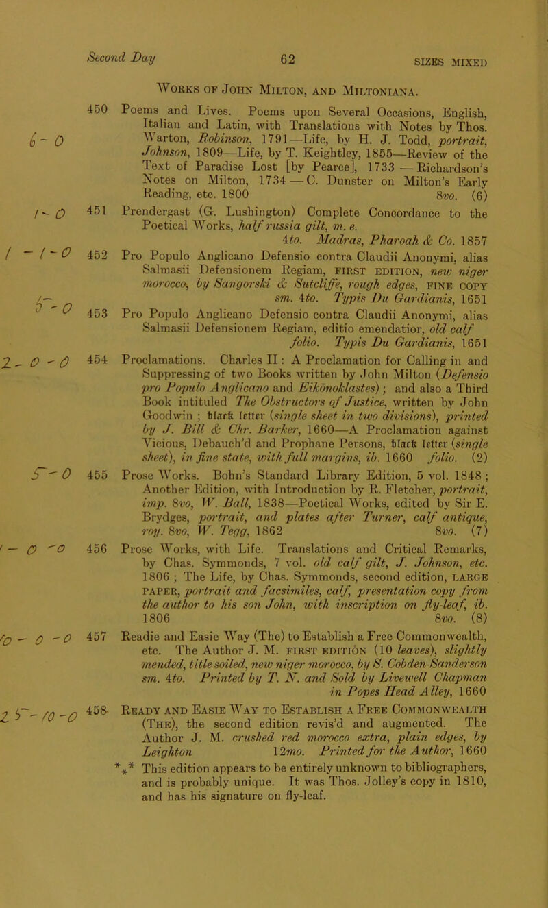Works of John Milton, and Miltoniana. 450 Poems and Lives. Poems upon Several Occasions, English, Italian and Latin, with Translations with Notes by Thos. Warton, Robinson, 1791—Life, by H. J. Todd, portrait, Johnson, 1809—Life, by T. Keightley, 1855—Review of the Text of Paradise Lost [by Pearce], 1733 —Richardson’s Notes on Milton, 1734 —C. Dunster on Milton’s Early Reading, etc. 1800 8vo. (6) 451 Prendergast (G. Lushington) Complete Concordance to the Poetical Works, half russia gilt, m. e. 4to. Madras, Pharoah & Co. 1857 452 Pro Populo Anglicano Defensio contra Claudii Anonymi, alias Salmasii Defensionem Regiam, first edition, new niger morocco, by Sangorski & Sutcliffe, rough edges, fine copy sm. 4to. Typis Du Gardianis, 1651 453 Pro Populo Anglicano Defensio contra Claudii Anonymi, alias Salmasii Defensionem Regiam, editio emendatior, old calf folio. Typis Du Gardianis, 1651 454 Proclamations. Charles II: A Proclamation for Calling in and Suppressing of two Books written by John Milton (Defensio pro Populo Anglicano and Eikonoklastes); and also a Third Book intituled The Obstructors of Justice, written by John Goodwin ; blarfe letter (single sheet in two divisions), printed by J. Bill & Chr. Barker, 1660—A Proclamation against Vicious, Debauch’d and Prophane Persons, black letter (single sheet), in fine state, with full margins, ib. 1660 folio. (2) 455 Prose Works. Bohn’s Standard Library Edition, 5 vol. 1848; Another Edition, with Introduction by R. Fletcher, portrait, imp. 8vo, W. Ball, 1838—Poetical Works, edited by Sir E. Brydges, portrait, and plates after Turner, calf antique, roy. 8vo, W. Tegg, 1862 8vo. (7) 456 Prose Works, with Life. Translations and Critical Remarks, by Chas. Symmonds, 7 vol. old calf gilt, J. Johnson, etc. 1806 ; The Life, by Chas. Symmonds, second edition, LARGE paper, portrait and facsimiles, calf presentation copy from the author to his son John, with inscription on fly-leaf, ib. 1806 8vo. (8) 457 Readie and Easie Way (The) to Establish a Free Commonwealth, etc. The Author J. M. first edition (10 leaves), slightly mended, title soiled, neiv niger morocco, by S. Cobden-Sanderson sm. 4to. Printed by T. N. and Sold by Livewell Chapman in Popes Head Alley, 1660 458- Ready and Easie Way to Establish a Free Commonwealth (The), the second edition revis’d and augmented. The Author J. M. crushed red morocco extra, plain edges, by Leighton 12mo. Printed for the Author, 1660 *** This edition appears to be entirely unknown to bibliographers, and is probably unique. It was Thos. Jolley’s copy in 1810, and has his signature on fly-leaf.