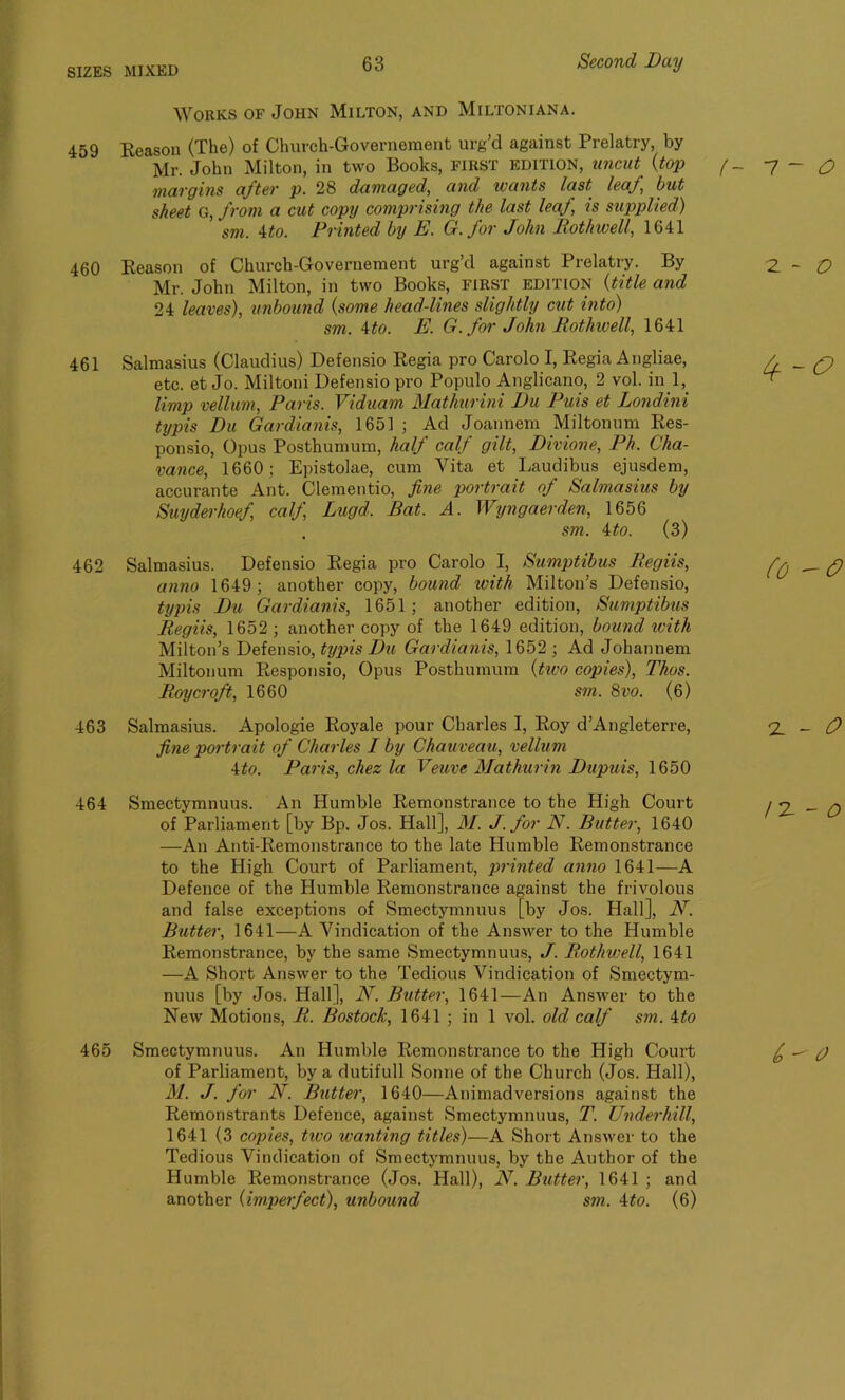 Works of John Milton, and Miltonian a. 459 Reason (The) of Church-Governement urg’d against Prelatry, by Mr. John Milton, in two Books, FIRST edition, uncut (top ( margins after p. 28 damaged, and wants last leaf, but sheet g, from a cut copy comprising the last leaf, is supplied) sm. 4to. Printed by E. G. for John Rothwell, 1641 460 Reason of Church-Governement urg’d against Prelatry. By Mr. John Milton, in two Books, FIRST edition (title and 24 leaves), unbound (some head-lines slightly cut into) sm. 4to. E. G. for John Rothwell, 1641 461 Salmasius (Claudius) Defensio Regia pro Carolo I, Regia Angliae, etc. et Jo. Miltoni Defensio pro Populo Anglicano, 2 vol. in 1, limp vellum, Paris. Viduam Mathurini Du Puis et Londini typis Du Gardianis, 1651 ; Ad Joannem Miltonum Res- ponsio, Opus Posthumum, half calf gilt, Divione, Ph. Cha- vance, 1660; Epistolae, cum Vita et Laudibus ejusdem, accurante Ant. Clementio, fine portrait of Salmasius by Suyderhoef calf, Lugd. Bat. A. Wyngaerden, 1656 . sm. 4to. (3) 462 Salmasius. Defensio Regia pro Carolo I, Sumptibus Regiis, anno 1649; another copy, bound with Milton’s Defensio, typis Du Gardianis, 1651 ; another edition, Sumptibtis Regiis, 1652 ; another copy of the 1649 edition, bound with Milton’s Defensio, typis Du Gardianis, 1652; Ad Johannem Miltonum Responsio, Opus Posthumum (two copies), Thos. Roycroft, 1660 sm. 8vo. (6) 463 Salmasius. Apologie Royale pour Charles I, Roy d’Angleterre, fine portrait of Charles I by Chauveau, vellum 4to. Paris, chez la Veuve Mathurin Dupuis, 1650 464 Smectymnuus. An Humble Remonstrance to the High Court of Parliament [by Bp. Jos. Hall], M. J.for N. Butter, 1640 —An Anti-Remonstrance to the late Humble Remonstrance to the High Court of Parliament, printed anno 1641—A Defence of the Humble Remonstrance against the frivolous and false exceptions of Smectymnuus [by Jos. Hall], N. Butter, 1641—A Vindication of the Answer to the Humble Remonstrance, by the same Smectymnuus, J. Rothwell, 1641 —A Short Answer to the Tedious Vindication of Smectym- nuus [by Jos. Hall], N. Butter, 1641—An Answer to the New Motions, R. Bostock, 1641 ; in 1 vol. old calf sm. 4to 465 Smectymnuus. An Humble Remonstrance to the High Court of Parliament, by a dutifull Sonne of the Church (Jos. Hall), M. J. for N. Butter, 1640—Animadversions against the Remonstrants Defence, against Smectymnuus, T. Underhill, 1641 (3 copies, tivo wanting titles)—A Short Answer to the Tedious Vindication of Smectymnuus, by the Author of the Humble Remonstrance (Jos. Hall), N. Butter, 1641 ; and another (imperfect), unbound sm. 4to. (6) - 7 ~ O 2. - O (o-o 2 - O 17- - O ( - 0