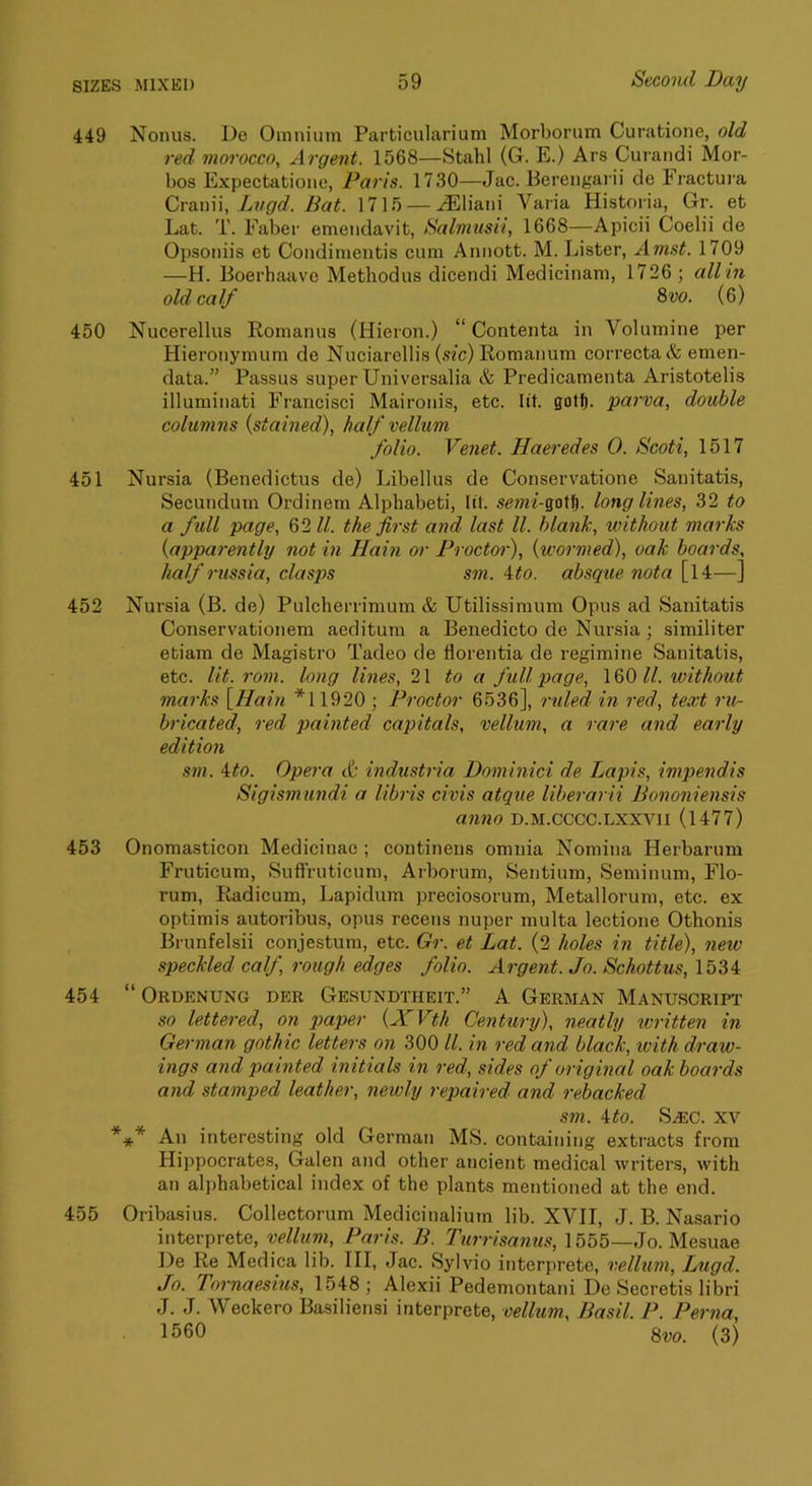 449 Nonus. I)e Omnium Particularium Morborum Curatione, old red morocco. Argent. 1568—Stahl (G. E.) Ars Curandi Mor- bos Expectatione, Paris. 1730—Jac. Berengarii de Fractuia CrawW, Lvgd. Bat. 1715 — AEliani Varia Historia, Gr. et Lat. T. Faber emendavit, Salmiisii, 1668—Apicii Coelii de Opsoniis et Coiidimeiitis cum Annott. M. Lister, Amst. 1709 —H. Boerhaave Methodus dicendi Medicinam, 1726 ; all in old calf 8m (6) 450 Nucerellus Romanus (Hieron.) “ Contenta in Volumine per Hieronymum de Nuciarellis (sz'c) Romanum correcta& emen- data.” Passus super Universalia & Predicamenta Aristotelis illuminati Francisci Maironis, etc. lit. gotf). parva, double columns (stained), half vellum folio. Venet. Haeredes 0. Scoti, 1517 451 Nursia (Benedictus de) Libellus de Conservatione Sanitatis, Secundum Ordinem Alphabeti, lit. semi-qaW). long lines, 32 to a full page, 62 ll. the first and last ll. blank, without marks (apparently not in Hain or Proctor), (wormed), oak boards, half russia, clasps sm. ito. absque nota [l4—] 452 Nursia (B. de) Pulcherrimum & Utilissiraum Opus ad Sanitatis Conservationem aeditum a Benedicto de Nursia; similiter etiam de Magistro Tadeo de florentia de regimine Sanitatis, etc. lit. rom. long lines, 2\ to a full page, 160 ^/. without marks [^Hain *11920 ; Proctor 6536], ruled in red, text ru- bricated, red painted capitals, vellum, a rare and early edition sm. ^ito. Opera & industria Dominici de Lapis, impendis Sigismundi a libris civis atque liberarii Bononiensis anno d.m.cccc.lxxvii (1477) 453 Onomasticon Medicinae ; continens omnia Nomina Heibarum Fruticum, Suftruticum, Arborum, Sentium, Seminum, Flo- rum, Radicum, Lapidum preciosorum, Metallorum, etc. ex optimis autoribus, opus recens nuper multa lectione Othonis Brunfelsii conjestum, etc. Gr. et Lat. (2 holes in title), new speckled calf, rough edges folio. Argent. Jo. Schottus, 1534 454 “ Ordenung der Gesundtheit.” A German Manuscript so lettered, on paper (XVth Century), neatly ivritten in German gothic letters on 300 ll. in red and black, ivith draw- ings and painted initials in red, sides of original oak boards and stamped leather, newly repaired and rebacked sm. Uo. S.iEC. XV *** An interesting old German MS. containing extracts from Hippocrates, Galen and other ancient medical writers, with an alphabetical index of the plants mentioned at the end. 455 Oribasius. Collectorum Medicinalium lib. XVII, J. B. Nasario interprete, vellum, Paris. B. Tiirrisanus, 1555—Jo. Mesuae De Re Medica lib. Ill, Jac. Sylvio interprete, vellum, JAigd. Jo. Lornaesius, 1548; Alexii Pedemontani De Secretis libri J. J. Weckero Basiliensi interprete, vellum, Basil. P. Perna, 1560 8m (3)