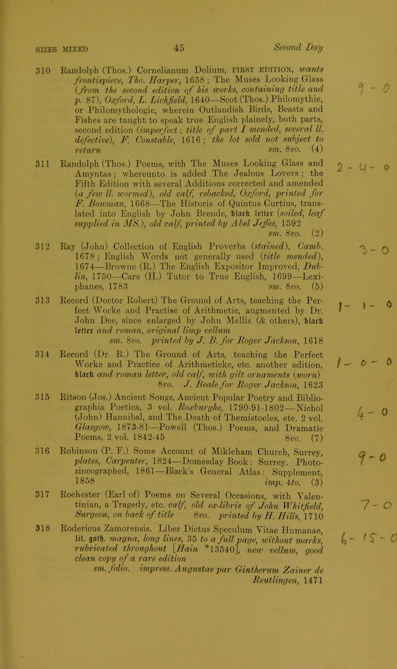310 Randolph (Thos.) Cornelianum Dolium, first edition, wants frontispiece, Tho. Harper, 1638; The Muses Looking Glass (from the second edition of his works, containing title and p. 87), Oxford, L. Lichfield, 1640—Scot (Thos.) Philomythie, or Philomythologie, wherein Outlandish Birds, Beasts and Fishes are taught to speak true English plainely, both parts, second edition (imperfect; title of part I mended, several ll. defective), F. Constable, 1616; the lot sold not subject to return sm. 8vo. (4) 311 Randolph (Thos.) Poems, with The Muses Looking Glass and Amyntas; whereunto is added The Jealous Lovers; the Fifth Edition with several Additions corrected and amended (a few ll. wormed), old calf rebacked, Oxford, printed for F. Bowman, 1668—The Historie of Quintus Curtius, trans- lated into English by John Brende, Mack letter (soiled, leaf supplied in MS.), old calf, printed by Abel Jeffes, 1592 sm. 8vo. (2) 312 Ray (John) Collection of English Proverbs (stained), Camb. 1678; English Words not generally used (title mended), 1674—Browne (R.) The English Expositor Improved, Dub- lin, 1750—Care (H.) Tutor to True English, 1699—Lexi- phanes, 1783 sm. 8vo. (5) 313 Record (Doctor Robert) The Ground of Arts, teaching the Per- fect Worke and Practise of Arithmetic, augmented by Dr. John Dee, since enlarged by John Mellis (& others), Mark letter and roman, original limp vellum sm. 8vo. printed by J. B.for Roger Jackson, 1618 314 Record (Dr. R.) The Ground of Arts, teaching the Perfect Worke and Practice of Arithmeticke, etc. another edition, Mark and roman letter, old calf, with gilt ornaments (worn) 8vo. J. Beale, for Roger Jackson, 1623 315 Ritson (Jos.) Ancient Songs, Ancient Popular Poetry and Biblio- graphia Poetica, 3 vol. Roxburghe, 1790-91-1802 — Nichol (John) Hannibal, and The Death of Themistocles, etc. 2 vol. Glasgow, 1873-81—Powell (Thos.) Poems, and Dramatic Poems, 2 vol. 1842-45 8vo. (7) 316 Robinson (P. F.) Some Account of Mikleham Church, Surrey, plates, Carpenter, 1824—Domesday Book: Surrey. Photo- zincographed, 1861—Black’s General Atlas: Supplement, 1858 imp. \to. (3) 317 Rochester (Earl of) Poems on Several Occasions, with Valen- tinian, a Tragedy, etc. calf, old ex-libris of John Whitfield, Surgeon, on back of title 8vo. printed by H. Hills, 1710 318 Rodericus Zamorensis. Liber Dictus Speculum Vitae Humanae, lit. gotf). magna, long lines, 35 to a full page, without marks, rubricated throughout [Hain *13540], new vellum, good clean copy of a rare edition sm. folio, impress. Augustas par Gintherum Zainer de Reutlingen, 1471