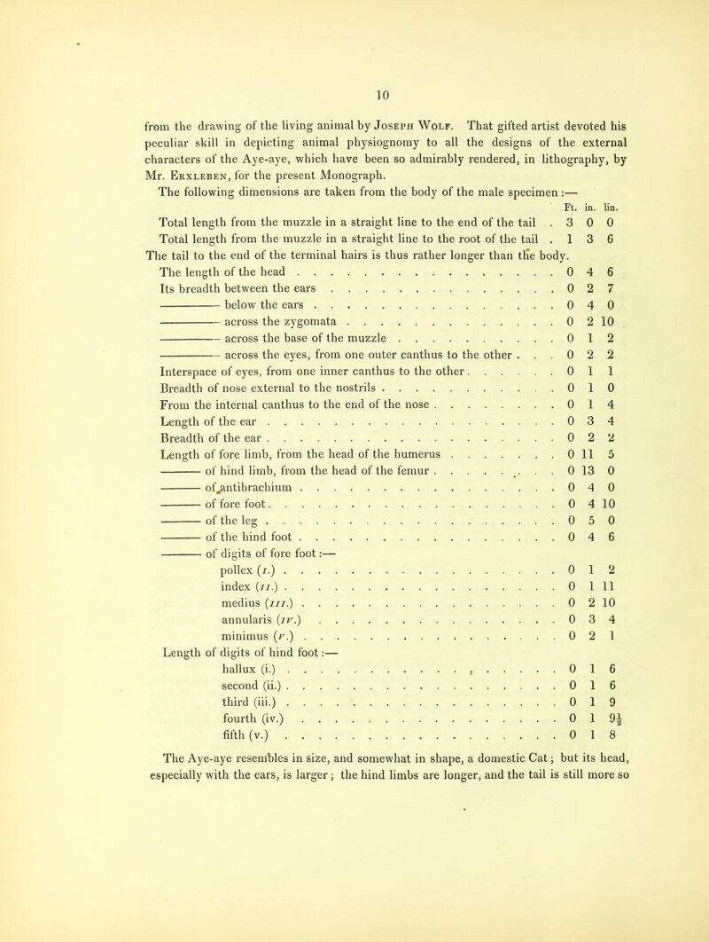 from the drawing of the living animal by Joseph Wolf. That gifted artist devoted his peculiar skill in depicting animal physiognomy to all the designs of the external characters of the Aye-aye, which have been so admirably rendered, in lithography, by Mr. Erxleben, for the present Monograph. The following dimensions are taken from the body of the male specimen:— Ft. in. lin. Total length from the muzzle in a straight line to the end of the tail .300 Total length from the muzzle in a straight line to the root of the tail .13 6 The tail to the end of the terminal hairs is thus rather longer than tire body. The length of the head 046 Its breadth between the ears 027 below the ears 040 across the zygomata 0 2 10 across the base of the muzzle 012 across the eyes, from one outer canthus to the other ... 0 2 2 Interspace of eyes, from one inner canthus to the other 0 11 Breadth of nose external to the nostrils 010 From the internal canthus to the end of the nose 0 14 Length of the ear 034 Breadth of the ear 022 Length of fore limb, from the head of the humerus 0 11 5 — of hind limb, from the head of the femur (. . . 0 13 0 of.antibrachium 040 of fore foot 0410 of the leg 050 of the hind foot 046 of digits of fore foot:— pollex (/.) 012 index (//.) 0111 medius (///.) 0 2 10 annularis (ir.) 034 minimus (r.) 021 Length of digits of hind foot:— hallux (i.) 0 16 second (ii.) 016 third (iii.) 019 fourth (iv.) 0 19^ fifth (v.) 018 The Aye-aye resembles in size, and somewhat in shape, a domestic Cat; but its head, especially with the ears, is larger; the hind limbs are longer, and the tail is still more so