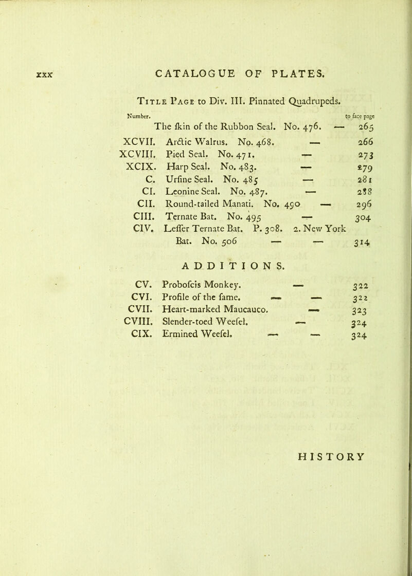 Title Page to Div. III. Pinnated Quadrupeds. Number. to face page The lkin of the Rubbon Seal. No. 476. — 265 xcvn. Ardic Walrus. No. 468. — 266 xcvnr. Pied Seal. No. 471. — *73 XCIX. Harp Seal. No. 483. — £79 c. Urfine Seal. No. 485 — 281 Cl. Leonine Seal. No. 487. — 2 88 CII. Round-tailed Manati. No. 490 —. 296 cm. Ternate Bat. No. 495 —- 3° 4 CIV. Lefier Tern ate Bat. P.308. 2. New York Bat. No. 506 — •— 34 ADDITIONS. CV. Probofcis Monkey. — 322 CVI. Profile of the fame. — —- 322 CVII. Heart-marked Maucauco. —* 3 23 CVIII. Slender-toed Weefel. =—■ 324 CIX. Ermined Weefel. —- 324 HISTORY
