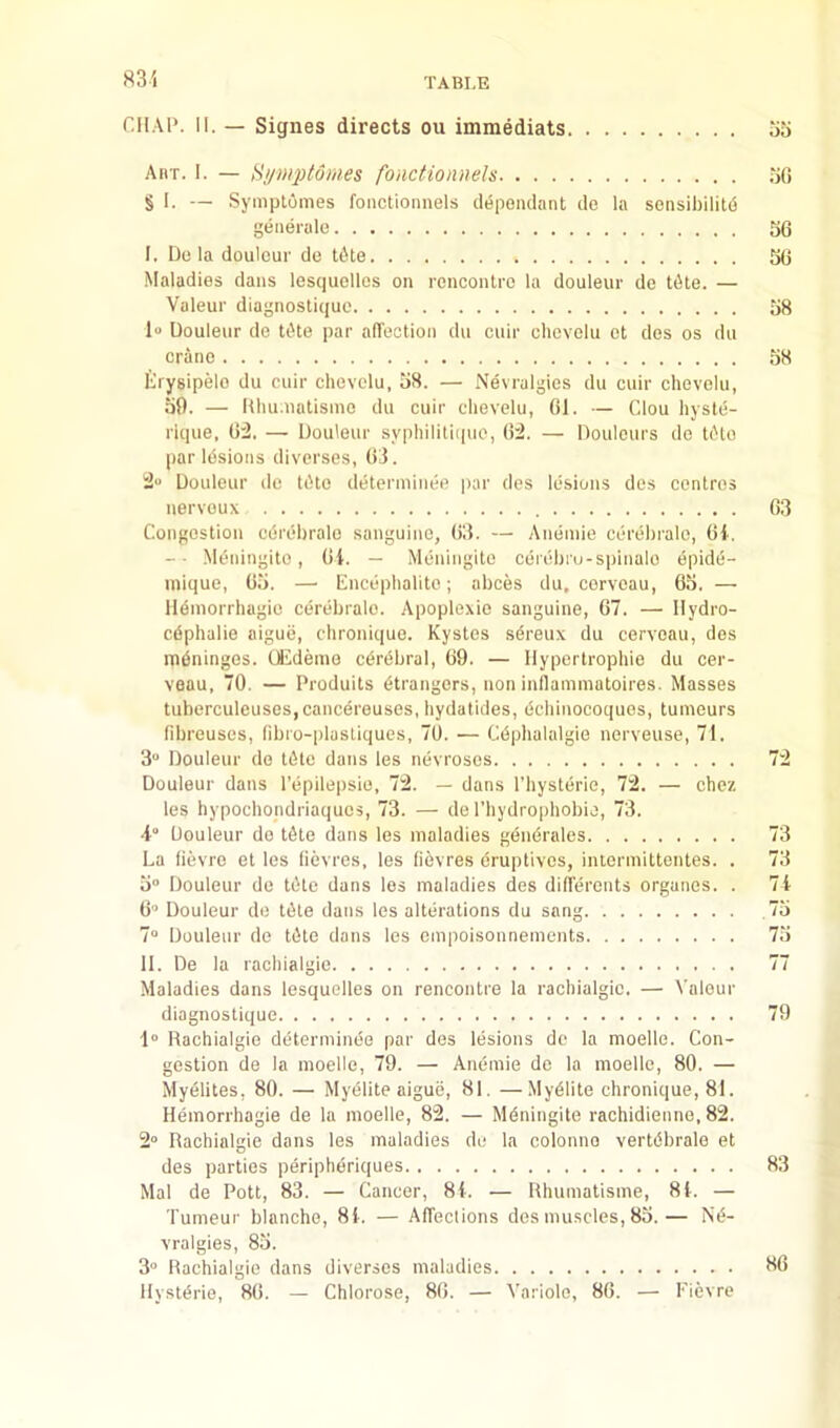 83i CHAP. II. — Signes directs ou immediats 55 Anr. I. — HiinqMmes fonctionneh 5G § I. — SyniptOmes fonctionnels dependant de la sonsibilitd geneiale 56 I. Do la doulcur do t6te 56 Maladies dans lesquelles on rencontre la douleur do tete. — Valeur diagnostique 58 1» Douleur de tiHo par afTeotion du cuir cliovelu ot des os dii crane 58 L’rysipelo du cuir chevclu, 58. — Nevralgies du cuir chevolu, 59. — Hhu.uatismo du cuir clievelu, 61. — Clou hysto- rique, 62. — Douleur sypliiliti(|ue, 62. — Doulours de t6to par lesions diverses, 63. 2“ Douleur de tdto doterniinoe par des lesions des centres nervoux 63 Congestion cdrehralo sanguine, (i!5. — Anomie corohralo, 6i. -■ Meningito, 6t. — Moningito corobru-spinalo dpide- mique, 65. — Cncopbalito; abces du. corveau, 65. — lldmorrhagio cerobralo. Apoplexie sanguine, 67. — llydro- cdphalie aiguij, chronique. Kystes sdreux du corveau, des mdninges. Olidemo cdrebral, 69. — Ilypertrophie du cer- veau, 70. — Produits dtrangers, non inflammatoires. Masses tuberculeusosicancdreuses, liydatides, dcbinocoquos, tumours fibreuses, fibro-plastiques, 70. — Cdphalalgie nerveuse, 71. 3 Douleur do tdte dans les nevrosos 72 Douleur dans I’epilepsio, 72. — dans I’liysterie, 72. — chcz les bypocbondriaqucs, 73. — de riiydrophobie, 73. •i“ Douleur do tdte dans les maladies gendrales 73 La fievro et les lievres, les lievres drujitivos, iiuormittentes. . 73 5 Douleur de tdtc dans les maladies des dilleronts organes. . 7i 6‘ Douleur de Idle dans les alterations du sang ,75 7“ Douleur de tdto dans les empoisonnements 75 II. De la racbialgio 77 Maladies dans lesquelles on rencontre la rachialgic. — Valour diagnostique 79 1” Racbialgio determinee par des lesions de la moelle. Con- gestion de la moelle, 79. — Anomie de la moelle, 80. — Myelites, 80. — Myellte aigue, 81. — Mydlite chronique, 81. Hemorrbagie de la moelle, 82. — Mdningile rachidienno, 82. 2° Rachialgie dans les maladies de la colonno vertdbralo et des parties peripheriques 83 Mai de Pott, 83. — Cancer, 8i. — Rhumatisme, 8i. — Tumeur blanche, 81. — AfTeclions des muscles, 85.— Nd- vralgles, 85. 3“ Rachialgie dans diverses maladies 86 llystdrie, 86. — Chlorose, 86. — Variole, 86. — Fievre