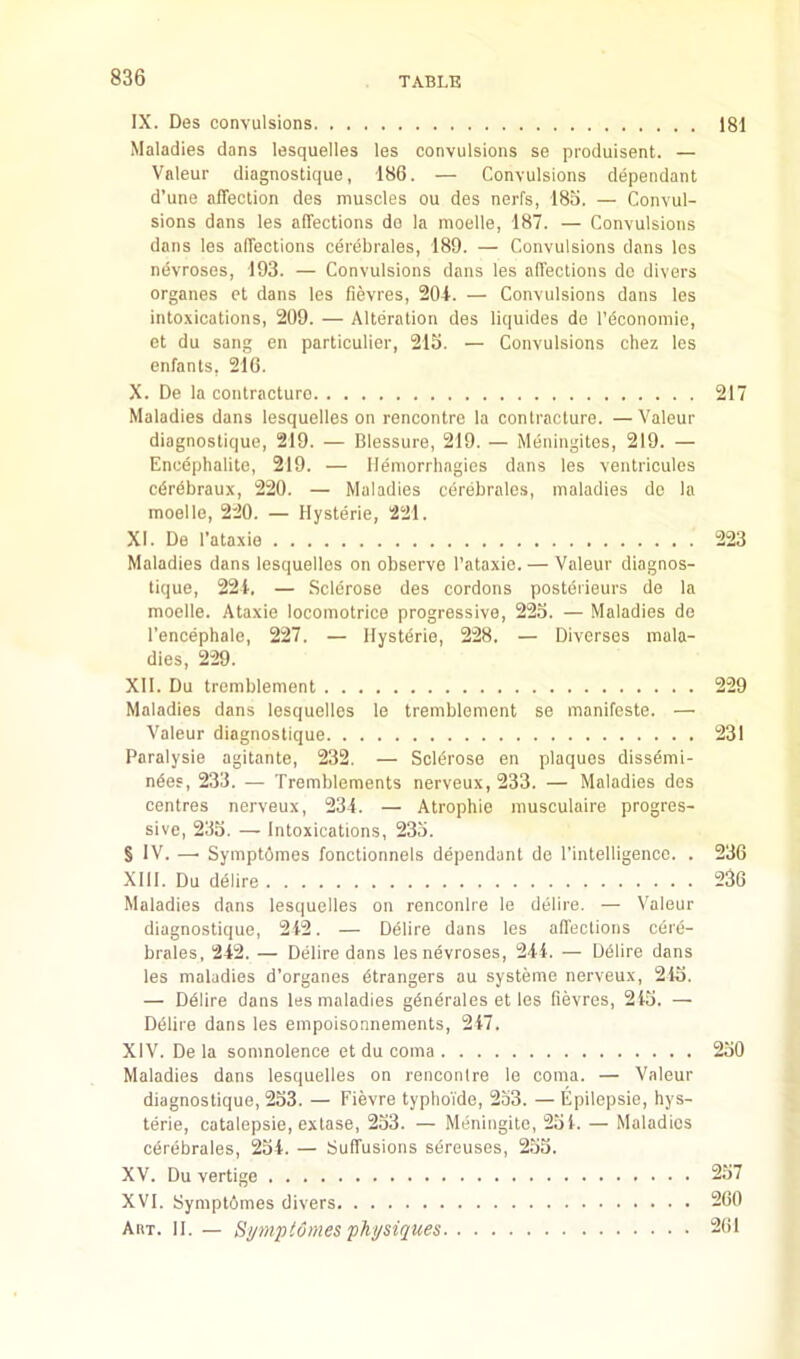 IX. Des convulsions 181 Maladies dans lesquelles les convulsions se produisent. — Valeur diagnostique, 186. — Convulsions dependant d’une affection des muscles ou des nerfs, 185. — Convul- sions dans les affections do la moelle, 187. — Convulsions dans les affections cerdbrales, 189. — Convulsions dans les ndvroses, 193. — Convulsions dans les affections de divers organes et dans les fievres, 204. — Convulsions dans les intoxications, 209. — Alteration des liquides de I'dconomie, et du sang en particulier, 215. — Convulsions chez les enfanls, 216. X. De la contracture Maladies dans lesquelles on rencontre la contracture. —Valeur diagnostique, 219. — Blessure, 219. — Meningitos, 219. — Encdphalite, 219. — llemorrhagies dans les ventricules cdrebraux, 220. — Maladies cerebralos, maladies de la moelle, 220. — Hysteric, 221. XI. De I’ataxio Maladies dans lesquelles on observe I’ataxie. — Valeur diagnos- tique, 224. — Sclerose des cordons posterieurs de la moelle. Ataxie locomotrice progressive, 225. — Maladies de I’encephale, 227. — Ilysterie, 228. — Diverses mala- dies, 229. XII. Du tremblement Maladies dans lesquelles le tremblement se manifesto. — Valeur diagnostique Paralysie agitante, 232. — Sclerose en plaques dissdmi- ndes, 233. — Tremblements nerveux, 233. — Maladies des centres nerveux, 234. — Atrophic musculaire progres- sive, 235. — Intoxications, 235. S IV. —■ SympWmes fonctionnels dependant de I’intelligence. . XIII. Du ddlire Maladies dans lesquelles on renconlre le delire. — Valeur diagnostique, 242. — Delire dans les affections cere- brales, 242. — Delire dans lesnevroses, 244. — Ddlire dans les maladies d’organes strangers au systeme nerveux, 245. — Ddlire dans les maladies gdnerales et les fievres, 245. — Ddlire dans les empoisonnements, 247. XIV. De la somnolence et du coma Maladies dans lesquelles on rencontre le coma. — Valeur diagnostique, 253. — Fievre typlioi'de, 253. — Epilepsie, hys- terie, catalepsie, extase, 253. — Meningite, 254. — Maladies cdrebrales, 254. — Suffusions sdreuses, 255. XV. Du vertige XVI. Sympt6mes divers Abt. II. — Symptomes physiques 217 223 229 231 236 236 250 257 260 261