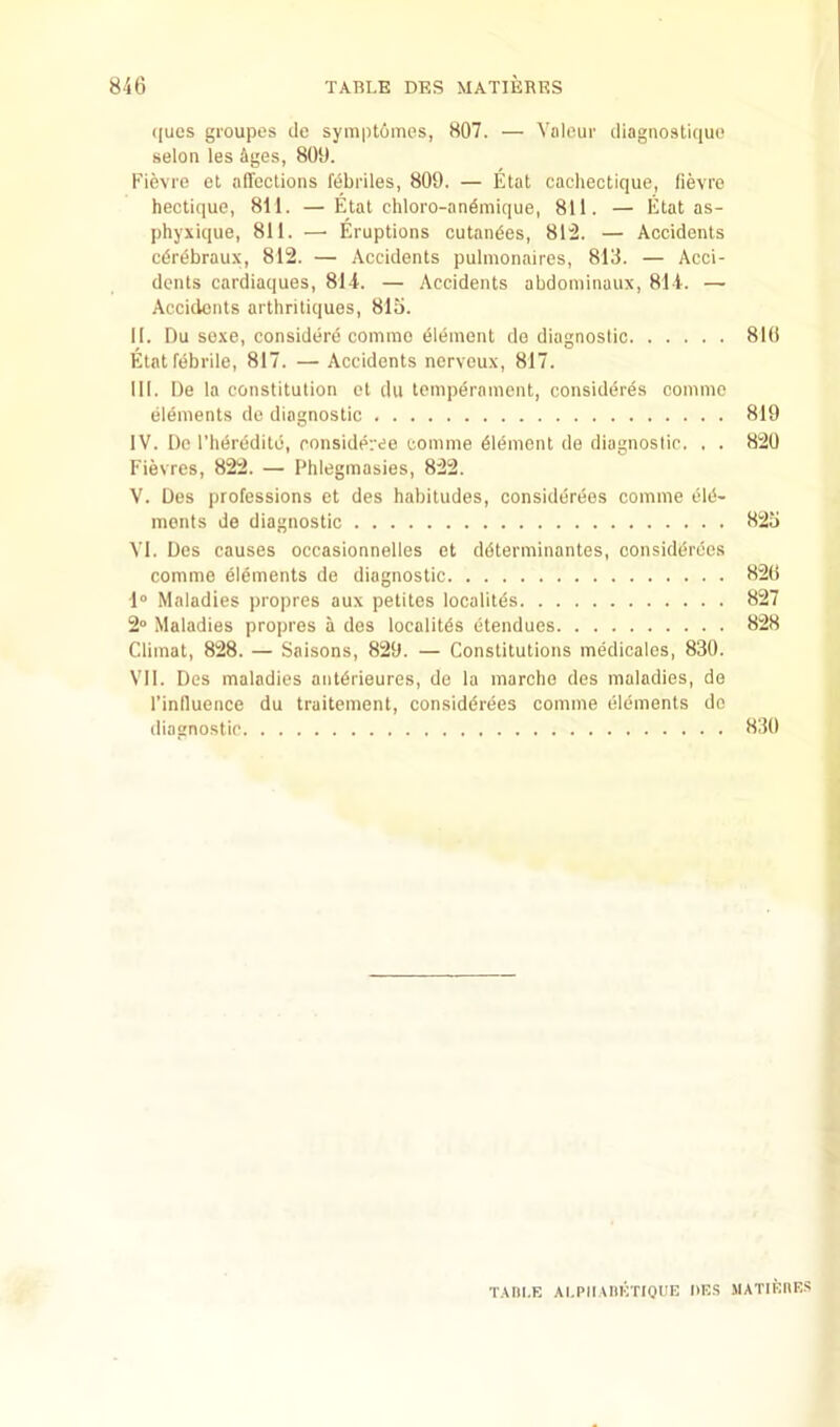 ((ucs gi'oupes cle symptomes, 807. — Valeui' diagnostiquo selon les Ages, 809. Fievre et alTeclions fiJbriles, 809. — Elat cachectique, fievre hectique, 811. — Etal chloro-anAmique, 811. — Elat as- phyxique, 811. —■ Eruptions cutandes, 812. — Accidents cdrdbrau.x, 812. — Accidents pulmonaires, 813. — Acci- dents cardiaques, 814. — Accidents abdominaux, 814. — Accidents arthriliques, 813. II. Du sexe, consider^ commo dldinent de diagnostic 810 Etat febrile, 817. — Accidents nerveux, 817. III. De la constitution et du tcinperainent, consideres commc elements de diagnostic 819 IV. Do rhdrddile, consideive comme dldmcnt de diagnostic, . . 820 Fievres, 822. — Phlegmasies, 822. V. Des professions et des habitudes, considerees comme ele- ments de diagnostic 823 VI. Des causes occasionnelles et ddterminantes, considerees comme elements de diagnostic 820 1“ Maladies propres aux petites localiies 827 2° Maladies propres a des localites etendues 828 Climat, 828. — Saisons, 829. — Constitutions medicates, 830. VIE Des maladies anterieures, de la marche des maladies, de I’inlluenee du traitement, considerees comme elements do diagnostic 830 T.\in.E ai.pitaiietioue i'Ks matiriies