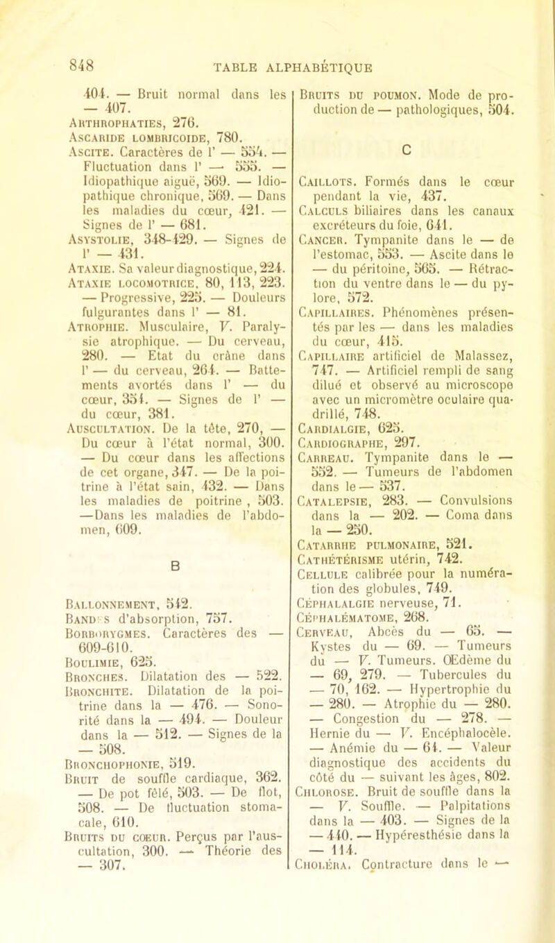 iOl. — Bruit normal dans les — 407. AllTHnOPHATIES, 276. .\SCARIDE LOMBniCOIDE, 780. -Ascite. Caracteres de 1’ — 564. — Fluctuation dans 1’ —• 555. — Idiopathique aigue, 560. — Idio- pathique chronique, 569. — Dans les maladies du coeur, -421. — Signes de 1’ — 681. Asystolie, 348-429. — Sienes de 1' — 431. Ataxie. Sa valeurdiagnostique,224. Ataxie i-ocomothice, 80, 113, 223. — Progressive, 225. — Douleurs fulgurantes dans 1’ — 81. Atrophie. Musculaire, V. Paraly- sie atrophi(|ue. — Du cerveau, 280. — Etat du crAne dans 1’ — du cerveau, 264. — Batte- ments avortes dans 1’ — du coeur, 354. — Signes de 1’ — du coeur, 381. Auscultation. De la tAte, 270, — Du coeur a I’Atat normal, 300. — Du coeur dans les alTections de cet organe, 347. — De la poi- trine a I’Atat sain, 432. — Dans les maladies de poitrine , 503. —Dans les maladies de I’abdo- men, (109. B Ballonnement, 542. Band s d’absorption, 757. Borborygmes. Caracteres des — 609-610. Boulimie, 625. Bronches. Dilatation des — 522. Bronciiite. Dilatation de la poi- trine dans la — 476. — Sono- rity dans la — 494. — Douleur dans la — 512. — Signes de la — 508. Bronchophonie, 519. Bruit de souffle cardiaque, 362. — De pot f6iy, 503. — De Hot, 508. — De lluctuation stoma- cale, 610. Bruits du coeur. Pergus par I'aus- cultation, 300. — ThAorie des — 307. Bruits du poumon. Mode de pro- duction de — pathologiques, 504. C Caillots. Formys dans le coeur pendant la vie, 437. Calculs biliaires dans les canaux exci-yteurs du foie, 641. Cancer. Tympanite dans le — de I’estomac, 553. — Ascite dans le — du peritoine, 565. — Rytrac- tion du ventre dans le — du py- lore, 572. Capili.aihes. Phynomenes prdsen- tys par les — dans les maladies du coeur, 415. Capillaire artiliciel de Malassez, 747. — Artificiel rempli de sang diluy et observy au microscope avec un micrometre ooulaire qua- drille, 748. Cardialgie, 625. C.ARDIOGRAPIIE, 297. Carreau. Tympanite dans le — 552. — Tumeurs de I’abdomen dans le— 537. Catalepsie, 283. — Convulsions dans la — 202. — Coma dans la — 250. Catarrhe pulmonaire, 521. Catheterisme utyrin, 742. Cellule calibree pour la numyra- tion des globules, 749. Cephalalgie nerveuse, 71. Cephalematome, 268. Cerveau, Alices du — 65. — Kystes du — 69. — Tumeurs du — V- Tumeurs. (Edeme du — 69, 279. — Tubercules du — 70, 162. — Hypertrophie du — 280. — Atrophie du — 280. — Congestion du — 278. — Hernie du — V. Encyphalocele. — Andmie du — 64. — Valeur diagnostique des accidents du c6ty du — suivant les ages, 802. CiiLOROSE. Bruit de souffle dans la — V. Souffle. — Palpitations dans la — 403. — Signes de la — 440. — Hypyresthysie dans la — 114. Cholera. Contracture dans le —-