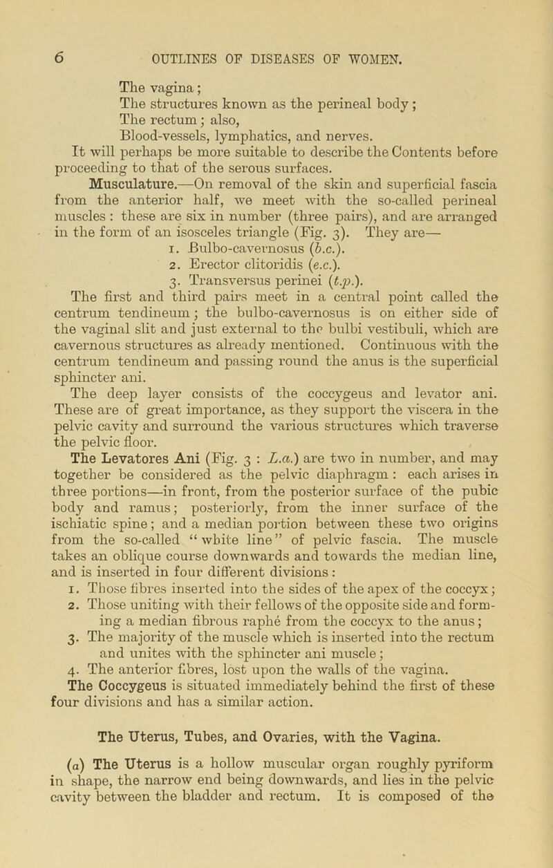 The vagina; The structures known as the perineal body ; The rectum; also, Blood-vessels, lymphatics, and nerves. It will perhaps be more suitable to describe the Contents before proceeding to that of the serous surfaces. Musculature.—On removal of the skin and superficial fascia from the anterior half, we meet with the so-called perineal muscles : these are six in number (three pairs), and are arranged in the form of an isosceles triangle (Fig. 3). They are— 1. Bulbo-cavernosus (b.c.). 2. Erector clitoridis (e.c.). 3. Transversus perinei (t.p.). The first and third pairs meet in a central point called the centrum tendineum ; the bulbo-cavernosus is on either side of the vaginal slit and just external to the bulbi vestibuli, which are cavernous structures as already mentioned. Continuous with the centrum tendineum and passing round the anus is the superficial sphincter ani. The deep layer consists of the coccygeus and levator ani. These are of great importance, as they support the viscera in the pelvic cavity and surround the various structures which traverse the pelvic floor. The Levatores Ani (Fig. 3 : L.ci.) are two in number, and may together be considered as the pelvic diaphragm : each arises in three portions—in front, from the posterior surface of the pubic body and ramus; posteriori}7, from the inner surface of the ischiatic spine; and a median portion between these two origins from the so-called “ white line ” of pelvic fascia. The muscle takes an oblique course downwards and towards the median line, and is inserted in four different divisions: 1. Those fibres inserted into the sides of the apex of the coccyx; 2. Those uniting with their fellows of the opposite side and form- ing a median fibrous raphe from the coccyx to the anus; 3. The majority of the muscle which is inserted into the rectum and unites with the sphincter ani muscle; 4. The anterior fibres, lost upon the walls of the vagina. The Coccygeus is situated immediately behind the first of these four divisions and has a similar action. The Uterus, Tubes, and Ovaries, with the Vagina. (a) The Uterus is a hollow muscular organ roughly pyriform in shape, the narrow end being downwards, and lies in the pelvic cavity between the bladder and rectum. It is composed of the