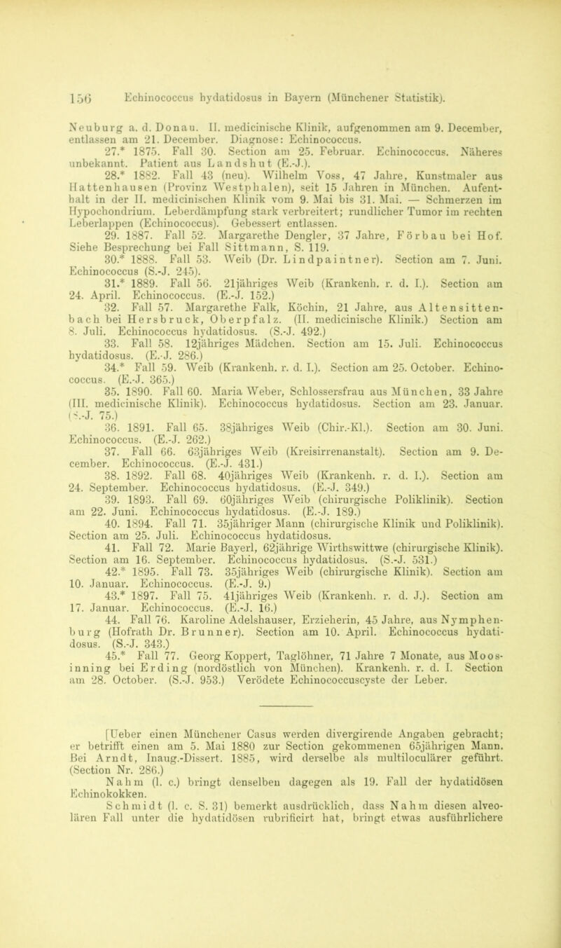 Neuburg a. d. Donau. II. medicinische Klinik, aufgenommen am 9. December, entlassen am 21. December. Diagnose: Echinococcus. 27. * 1875. Fall 30. Section am 25. Februar. Echinococcus. Näheres unbekannt. Patient aus Landshut (E.-J.). 28. * 1882. Fall 43 (neu). Wilhelm Voss, 47 Jahre, Kunstmaler aus Hattenhausen (Provinz Westphalen), seit 15 Jahren in München. Aufent- halt in der II. medicinischen Klinik vom 9. Mai bis 31. Mai. — Schmerzen im Hypochondrium. Leberdämpfung stark verbreitert; rundlicher Tumor im rechten Leberlappen (Echinococcus). Gebessert entlassen. 29. 1887. Fall 52. Margarethe Dengler, 37 Jahre, Förbau bei Hof. Siehe Besprechung bei Fall Sittmann, S. 119. 30* 1888. Fall 53. Weib (Dr. Lindpaintner). Section am 7. Juni. Echinococcus (S.-J. 245). 31. * 1889. Fall 56. 21jähriges Weib (Krankenh. r. d. I.). Section am 24. April. Echinococcus. (E.-J. 152.) 32. Fall 57. Margarethe Falk, Köchin, 21 Jahre, aus Altensitten- bach bei Hersbruck, Oberpfalz. (II. medicinische Klinik.) Section am 8. Juli. Echinococcus hydatidosus. (S.-J. 492.) 33. Fall 58. 12jähriges Mädchen. Section am 15. Juli. Echinococcus hydatidosus. (E.-J. 286.) 34. * Fall 59. Weib (Krankenh. r. d. I.). Section am 25. October. Echino- coccus. (E.-J. 365.) 35. 1890. Fall 60. Maria Weber, Schlossersfrau aus München, 33 Jahre (III. medicinische Klinik). Echinococcus hydatidosus. Section am 23. Januar. (<,J. 75.) 36. 1891. Fall 65. 38jähriges Weib (Chir.-Kl.). Section am 30. Juni. Echinococcus. (E.-J. 262.) 37. Fall 66. 63jähriges Weib (Kreisirrenanstalt). Section am 9. De- cember. Echinococcus. (E.-J. 431.) 38. 1892. Fall 68. 40jähriges Weib (Krankenh. r. d. I.). Section am 24. September. Echinococcus hydatidosus. (E.-J. 349.) 39. 1893. Fall 69. ÖOjähriges Weib (chirurgische Poliklinik). Section am 22. Juni. Echinococcus hydatidosus. (E.-J. 189.) 40. 1894. Fall 71. 35jähriger Mann (chirurgische Klinik und Poliklinik). Section am 25. Juli. Echinococcus hydatidosus. 41. Fall 72. Marie Bayerl, 62jährige Wirthswittwe (chirurgische Klinik). Section am 16. September. Echinococcus hydatidosus. (S.-J. 531.) 42. * 1895. Fall 73. 35jähriges Weib (chirurgische Klinik). Section am 10. Januar. Echinococcus. (E.-J. 9.) 43. * 1897. Fall 75. 41jähriges Weib (Krankenh. r. d. J.). Section am 17. Januar. Echinococcus. (E.-J. 16.) 44. Fall 76. Karoline Adelshauser, Erzieherin, 45 Jahre, aus Nymphen- burg (Hofrath Dr. Brunner). Section am 10. April. Echinococcus hydati- dosus. (S.-J. 343.) 45. * Fall 77. Georg Koppert, Taglöhner, 71 Jahre 7 Monate, aus Moos- inning bei Erding (nordöstlich von München). Krankenh. r. d. I. Section am 28. October. (S.-J. 953.) Verödete Echinococcuscyste der Leber. [Ueber einen Münchener Casus werden divergirende Angaben gebracht; er betrifft einen am 5. Mai 1880 zur Section gekommenen 65jährigen Mann. Bei Arndt, Inaug.-Dissert. 1885, wird derselbe als multiloculärer geführt. (Section Nr. 286.) Nahm (1. c.) bringt denselben dagegen als 19. Fall der hydatidösen Echinokokken. Schmidt (1. c. S. 31) bemerkt ausdrücklich, dass Nahm diesen alveo- lären Fall unter die hydatidösen vubrificirt hat, bringt etwas ausführlichere