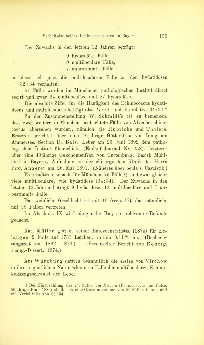 Der Zuwachs in den letzten 12 Jahren beträgt: 9 hydatidöse Fälle, 10 multiloculäre Fälle, 7 unbestimmte Fälle, so dass sich jetzt die multiloculären Fälle zu den hydatidösen = 32:34 verhalten. 51 Fälle wurden im Münchener pathologischen Institut direct secirt und zwar 24 multiloculäre und 27 hydatidöse. Die absolute Ziffer für die Häufigkeit des Echinococcus hydati- dosus und multilocularis beträgt also 27:24, und die relative 34:32.“ Zu der Zusammenstellung W. Schmidts ist zu bemerken, dass zwei weitere in München beobachtete Fälle von Alveolar echino- coccus übersehen wurden, nämlich die Hubrichs und Thalers. Ersterer berichtet über eine 46jährige Gütlersfrau von Innig am Ammersee, Section Dr. Bals. Leber am 20. Juni 1892 dem patho- logischen Institut überschickt (Einlauf-Journal Nr. 258), letzterer über eine 40jährige Oekonomenfrau von Guttenburg, Bezirk Mühl- dorf in Bayern, Aufnahme an der chirurgischen Klinik des Herrn Prof. Anger er am 26. Mai 1891. (Näheres über beide s. Casuistik.) Es resultiren sonach für München 79 Fälle J) und zwar gleich- viel multiloculäre, wie hydatidöse (34:34). Der Zuwachs in den letzten 12 Jahren beträgt 9 hydatidöse, 12 multiloculäre und 7 un- bestimmte Fälle. Das weibliche Geschlecht ist mit 46 (resp. 47), das männliche mit 28 Fällen vertreten. Im Abschnitt IX wird einiger für Bayern relevanter Befunde gedacht. Karl Müller gibt in seiner Entozoenstatistik (1874) für Er- langen 2 Fälle auf 1755 Leichen, mithin 0,11 °/o an. (Beobach- tungszeit von 1862—1873.) — (Vereinzelter Bericht von Röhrig. Inaug.-Dissert. 1874.) Aus Würzburg datiren bekanntlich die ersten von Virchow in ihrer eigentlichen Natur erkannten Fälle der multiloculären Echino- kokkengeschwulst der Leber. 0 Bei Hinzuzählung des 24. Falles bei Nahm (Echinococcus am Halse, 50jährige Frau 1882) stellt sich eine Gesammtsumme von 80 Fällen heraus und ein Verhältniss von 35 : 34.