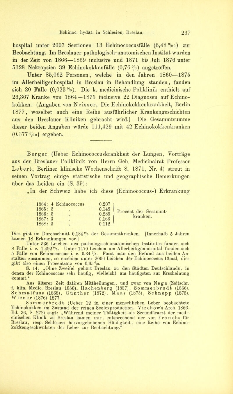 hospital unter 2007 Sectionen 13 Echinococcusfälle (6,48 °/oo) zur Beobachtung. Im Breslauer pathologisch-anatomischen Institut wurden in der Zeit von 1866—1869 inclusive und 1871 bis Juli 1876 unter 5128 Nekropsien 39 Echinokokkenfälle (0,76 °/o) angetroffen. Unter 85,062 Personen, welche in den Jahren 1860—1875 im Allerheiligenhospital in Breslau in Behandlung standen, fanden sich 20 Fälle (0,023 °/o). Die k. medicinische Poliklinik enthielt auf 26,367 Kranke von 1864 — 1875 inclusive 22 Diagnosen auf Echino- kokken. (Angaben von Ne iss er, Die Echinokokkenkrankheit, Berlin 1877, woselbst auch eine Reihe ausführlicher Krankengeschichten aus den Breslauer Kliniken gebracht wird.) Die Gesammtsumme dieser beiden Angaben würde 111,429 mit 42 Echinokokkenkranken (0,377 °/oo) ergeben. Berger (Ueber Echinococcuskrankheit der Lungen, Vorträge aus der Breslauer Poliklinik von Herrn Geh. Medicinalrat Professor Lebert, Berliner klinische Wochenschrift 8, 1871, Nr. 4) streut in seinen Vortrag einige statistische und geographische Bemerkungen über das Leiden ein (S. 39): „In der Schweiz habe ich diese (Echinococcus-) Erkrankung Dies gibt im Durchschnitt 0,184 °/° der Gesammtkranken. [Innerhalb 5 Jahren kamen 18 Erkrankungen vor.] Unter 586 Leichen des pathologisch-anatomischen Institutes fanden sich 8 Fälle i. e. 1,492 °/o. Unter 1470 Leichen am Allerheiligenhospital fanden sich 5 Fälle von Echinococcus i. e. 0,84 °/o. Fasst man den Befund aus beiden An- stalten zusammen, so erschien unter 2006 Leichen der Echinococcus 13mal, dies gibt also einen Procentsatz von 0,65%- S. 14: „Ohne Zweifel gehört Breslau zu den Städten Deutschlands, in denen der Echinococcus sehr häufig, vielleicht am häufigsten zur Erscheinung kommt.“ Aus älterer Zeit datiren Mittheilungen, und zwar von Nega (Zeitschr. f. klin. Medic. Breslau 1850), Hachenberg (1857), Sommerbrodt (1866), Schmalfuss (1868), Günther (1872), Maas (1875), Schn epp (1875), Wiener (1876) 1877. Sommerbrodt (Ueber 12 in einer menschlichen Leber beobachtete Echinokokken im Zustand der reinen Scolexproduction. Yirchow’s Arch. 1866. Bd. 36, S. 272) sagt: „Während meiner Thätigkeit als Secundärarzt der medi- cinischen Klinik zu Breslau kamen mir, entsprechend der von Frerichs für Breslau, resp. Schlesien hervorgehobenen Häufigkeit, eine Reihe von Echino- kokkengeschwülsten der Leber zur Beobachtung.“ 1864: 4 Echinococcus 1865: 3 1866: 5 0,207 0,149 0,289 0,166 0,112 Procent der Gesammt- kranken. 1867: 3 1868: 3
