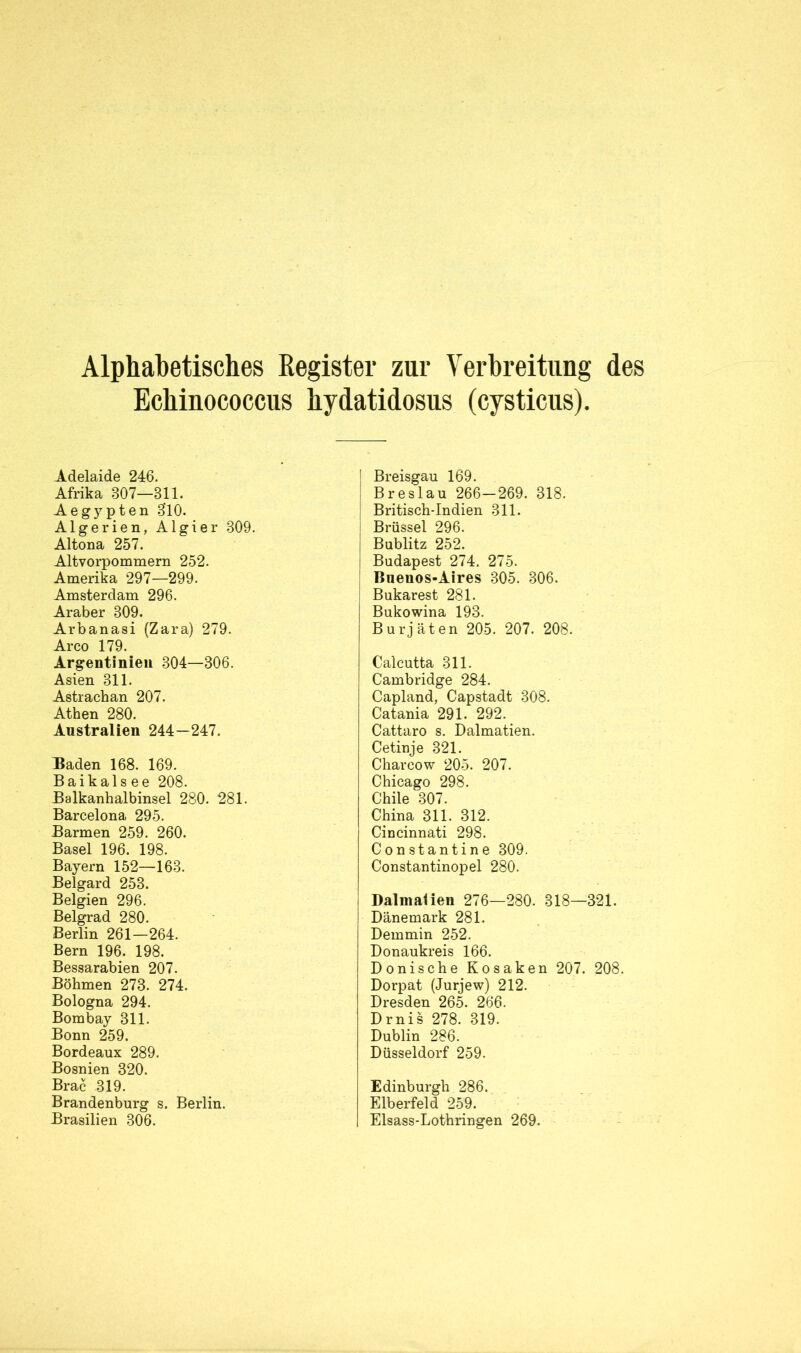 Echinococcus hydatidosus (cysticus). Adelaide 246. Afrika 807—811. Aegypten 8*10. Algerien, Algier 809. Altona 257. Altvorpommern 252. Amerika 297—299. Amsterdam 296. Araber 309. Arbanasi (Zara) 279. Arco 179. Argentinien 304—306. Asien 311. Astrachan 207. Athen 280. Australien 244—247. Baden 168. 169. Baikalsee 208. Balkanhalbinsel 280. 281. Barcelona 295. Barmen 259. 260. Basel 196. 198. Bayern 152—163. Belgard 253. Belgien 296. Belgrad 280. Berlin 261—264. Bern 196. 198. Bessarabien 207. Böhmen 273. 274. Bologna 294. Bombay 311. Bonn 259. Bordeaux 289. Bosnien 320. Brac 319. Brandenburg s. Berlin. Brasilien 306. J Breisgau 169. ! Breslau 266—269. 318. Britisch-Indien 311. Brüssel 296. j Bublitz 252. | Budapest 274. 275. Bnenos-Aires 305. 306. Bukarest 281. j Bukowina 193. Burjaten 205. 207. 208. Calcutta 311. Cambridge 284. Capland, Capstadt 308. Catania 291. 292. Cattaro s. Dalmatien. Cetinje 321. Charcow 205. 207. Chicago 298. Chile 307. China 311. 312. Cincinnati 298. Constantine 309. Constantinopel 280. Dalmatien 276—280. 318—321. Dänemark 281. Demmin 252. Donaukreis 166. Donische Kosaken 207. 208. Dorpat (Jurjew) 212. Dresden 265. 266. Drnis 278. 319. Dublin 286. Düsseldorf 259. Edinburgh 286. Elberfeld 259. Elsass-Lothringen 269.