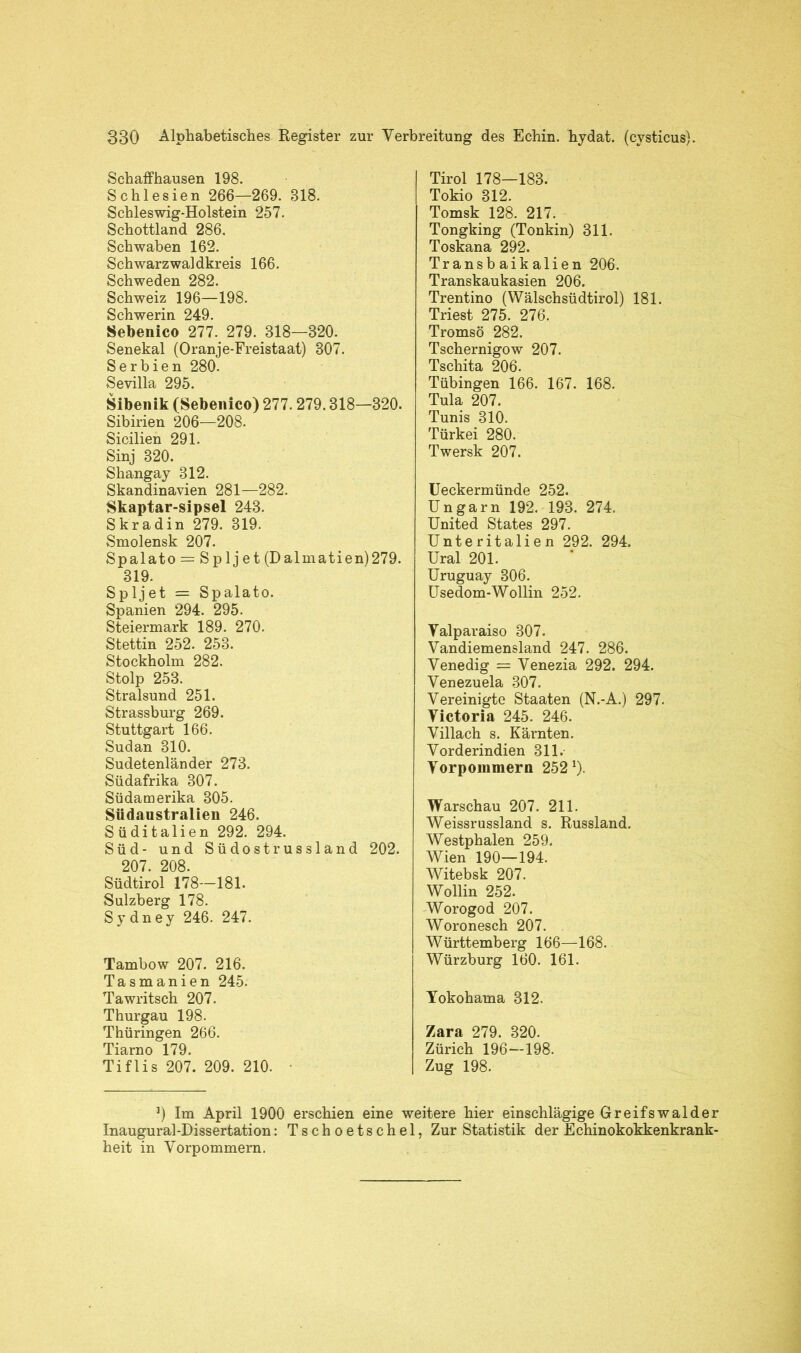 Schaffhausen 198. Schlesien 266—269. 818. Schleswig-Holstein 257. Schottland 286. Schwaben 162. Schwarz waldkreis 166. Schweden 282. Schweiz 196—198. Schwerin 249. Sebenico 277. 279. 318—320. Senekal (Oranje-Freistaat) 307. Serbien 280. Sevilla 295. Sibenik (Sebenico) 277.279.318—320. Sibirien 206—208. Sicilien 291. Sinj 320. Shangay 312. Skandinavien 281—282. Skaptar-sipsel 243. Skr ad in 279. 319. Smolensk 207. Spalato = Spljet(Dalmatien)279. 319. Spljet = Spalato. Spanien 294. 295. Steiermark 189. 270. Stettin 252. 253. Stockholm 282. Stolp 253. Stralsund 251. Strassburg 269. Stuttgart 166. Sudan 310. Sudetenländer 273. Südafrika 307. Südamerika 305. Südaustralien 246. Süditalien 292. 294. Süd- und Südostrussland 202. 207. 208. Südtirol 178—181. Sulzberg 178. Sydney 246. 247. Tambow 207. 216. Tasmanien 245. Tawritsch 207. Thurgau 198. Thüringen 266. Tiarno 179. Tiflis 207. 209. 210. I Tirol 178—183. | Tokio 312. Tomsk 128. 217. Tongking (Tonkin) 311. Toskana 292. Transbaikalien 206. Transkaukasien 206. Trentino (Wälschsüdtirol) 181. Triest 275. 276. Tromsö 282. Tschernigow 207. Tscliita 206. Tübingen 166. 167. 168. Tula 207. Tunis 310. Türkei 280. Twersk 207. Ueckermünde 252. Ungarn 192. 193. 274. United States 297. Unteritalien 292. 294. Ural 201. Uruguay 306. Usedom-Wollin 252. Valparaiso 307. Vandiemensland 247. 286. Venedig = Venezia 292. 294. Venezuela 307. Vereinigte Staaten (N.-A.) 297. Victoria 245. 246. Villach s. Kärnten. Vorderindien 311. Vorpommern 252 *). Warschau 207. 211. Weissrussland s. Russland. Westphalen 259. Wien 190—194. Witebsk 207. Wollin 252. Worogod 207. Woronesch 207. Württemberg 166—168. Würzburg 160. 161. Yokohama 312. Zara 279. 320. Zürich 196—198. Zug 198. *) Im April 1900 erschien eine weitere hier einschlägige Greifswalder Inaugural-Dissertation: Tschoetschel, Zur Statistik der Echinokokkenkrank- heit in Vorpommern.